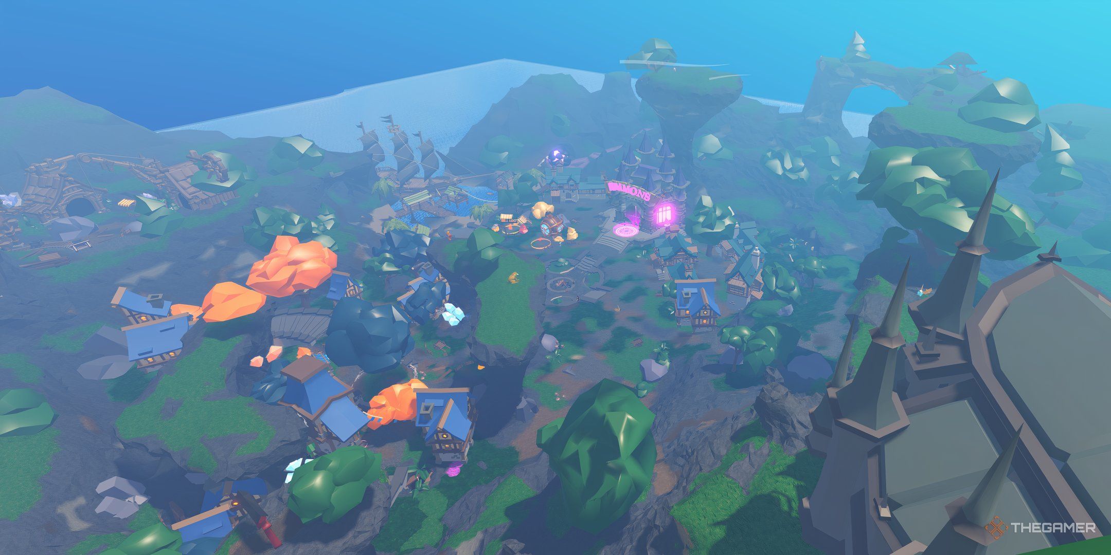 The entire spawn area and town, seen from above, in Roblox: Elemental Dungeons.