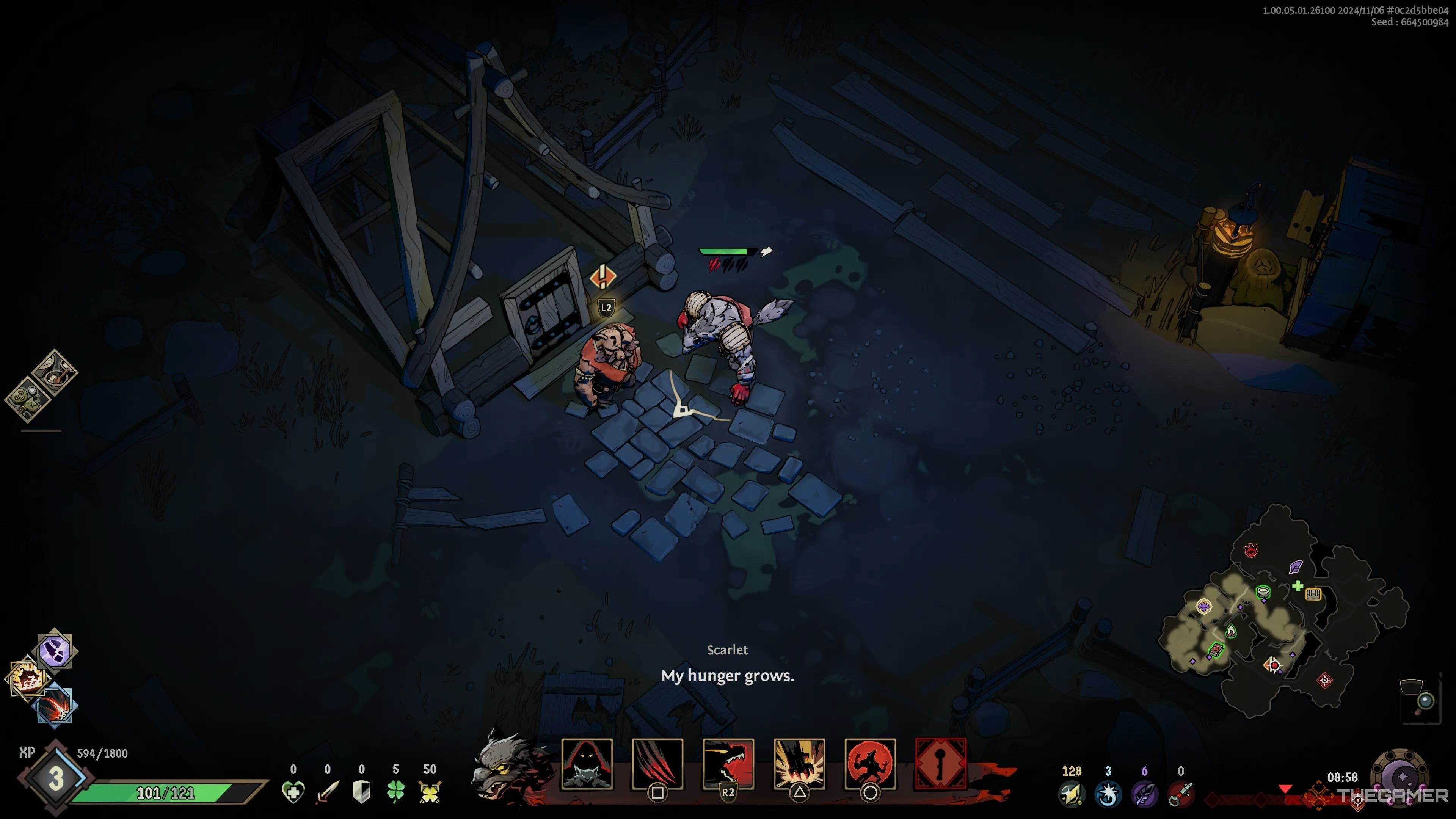 Scarlet&rsquo;s second form near a quest marker in Ravenswatch.