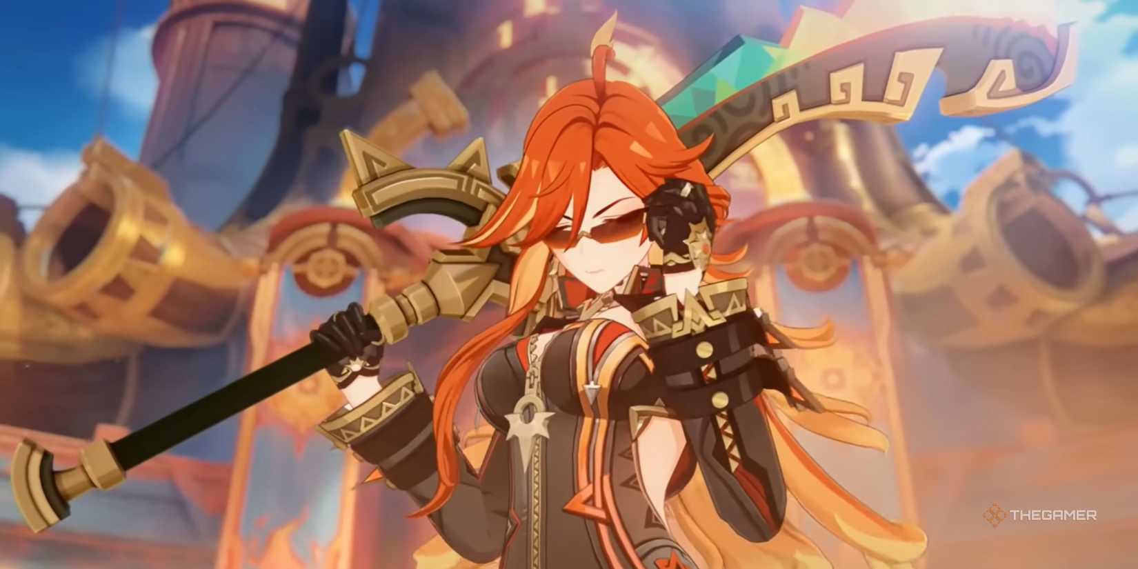 Mavuika prepares for battle while donning sunglasses in Genshin Impact.