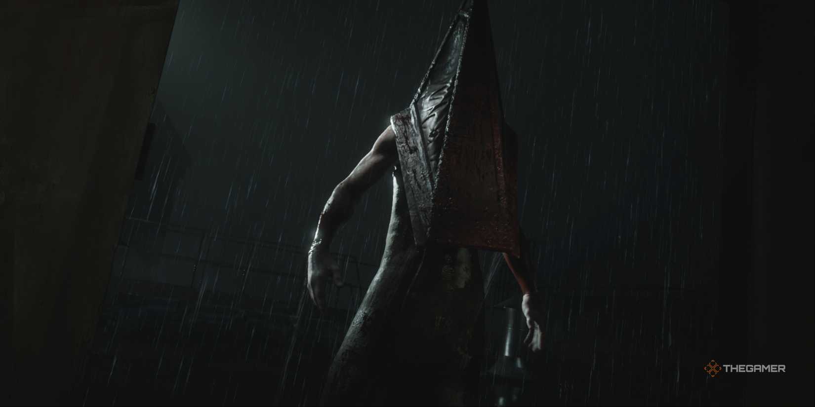 Silent Hill 2 - A close-up of Pyramid Head in the rain after he threw James down from the Brookhaven Hospital roof.