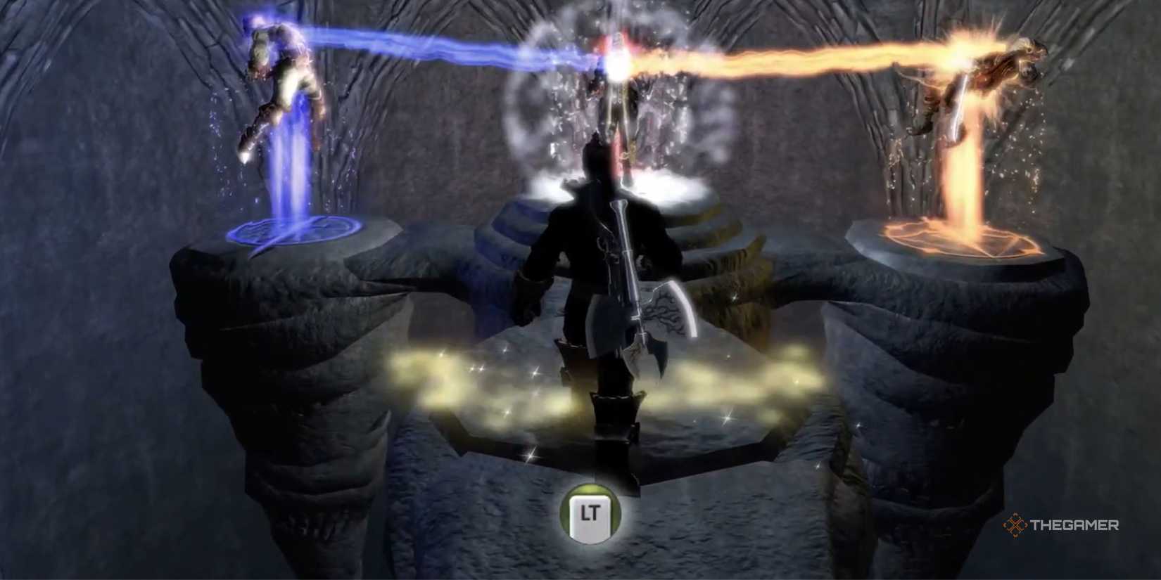 Sparrow is holding three heroes in Fables 2 in confrontation with Lucien.