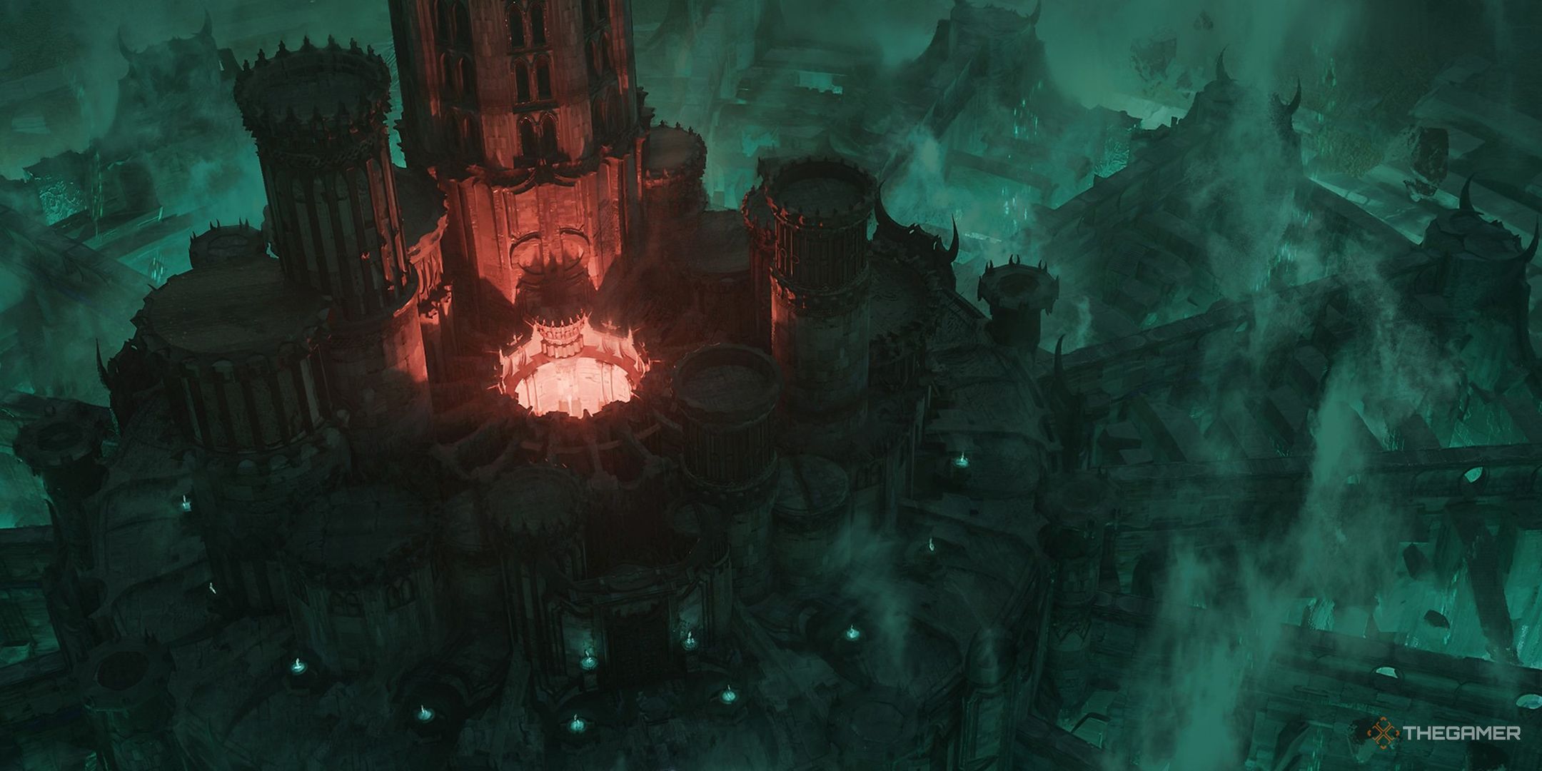 Concept skills for dark cilaudale in Diablow 4, a smoke green castle with a bright red center.