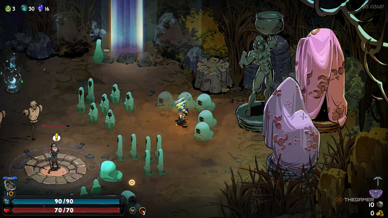 Melinoe observes the first trial of night statue in the training grounds in Hades 2.