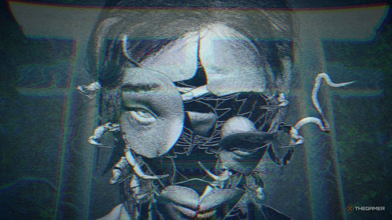 A human transforming into a Slitterhead is shown in front of one of the torii gates from Ghostwire: Tokyo.