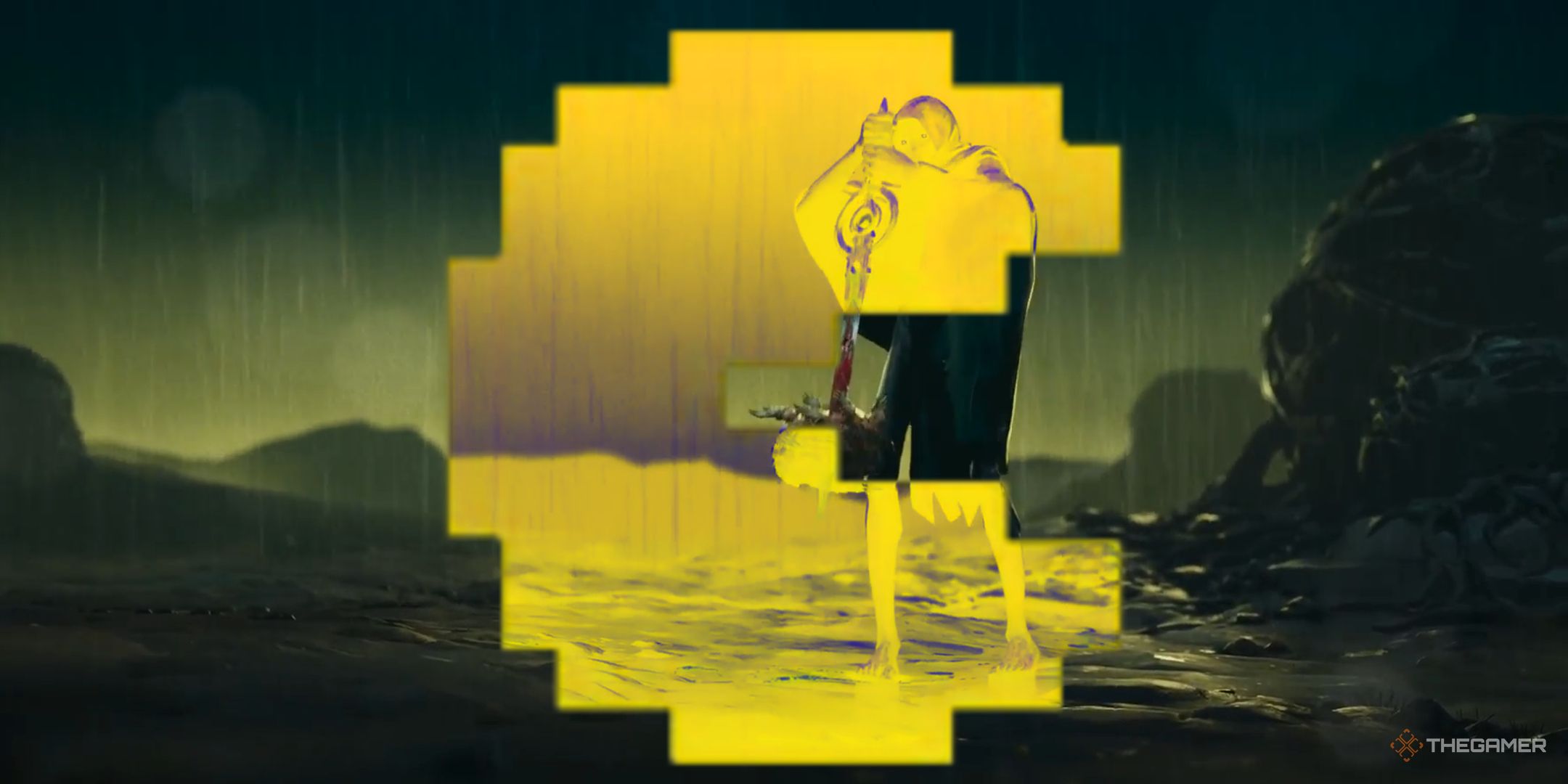 The original Pac-Man sprite is seen in front of a screenshot of the Secret Level episode The Circle.