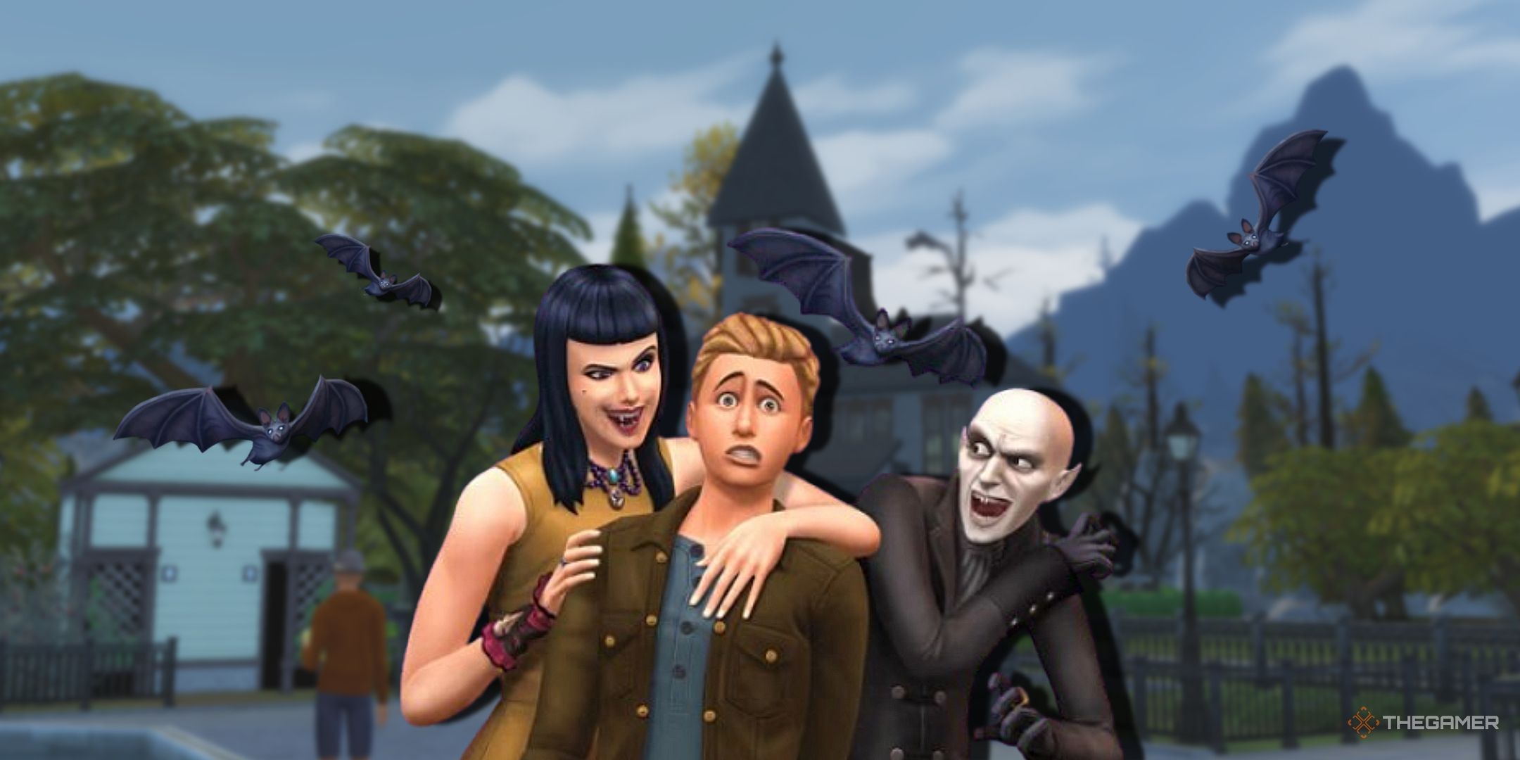 A blurry castle background with a PNG of vampire sims and bats flying.