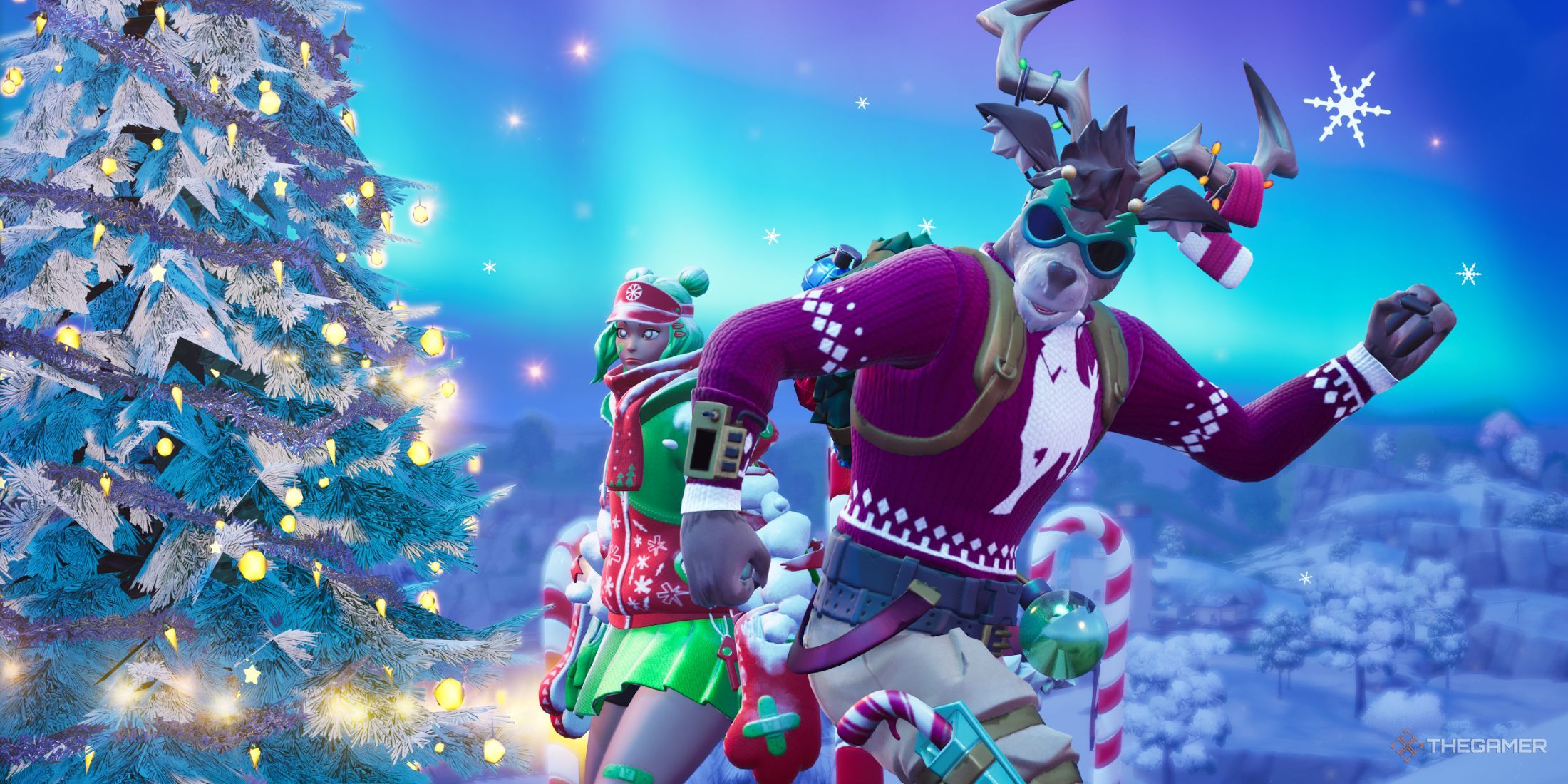 A photo of two Fortnite characters dancing with festive decor.