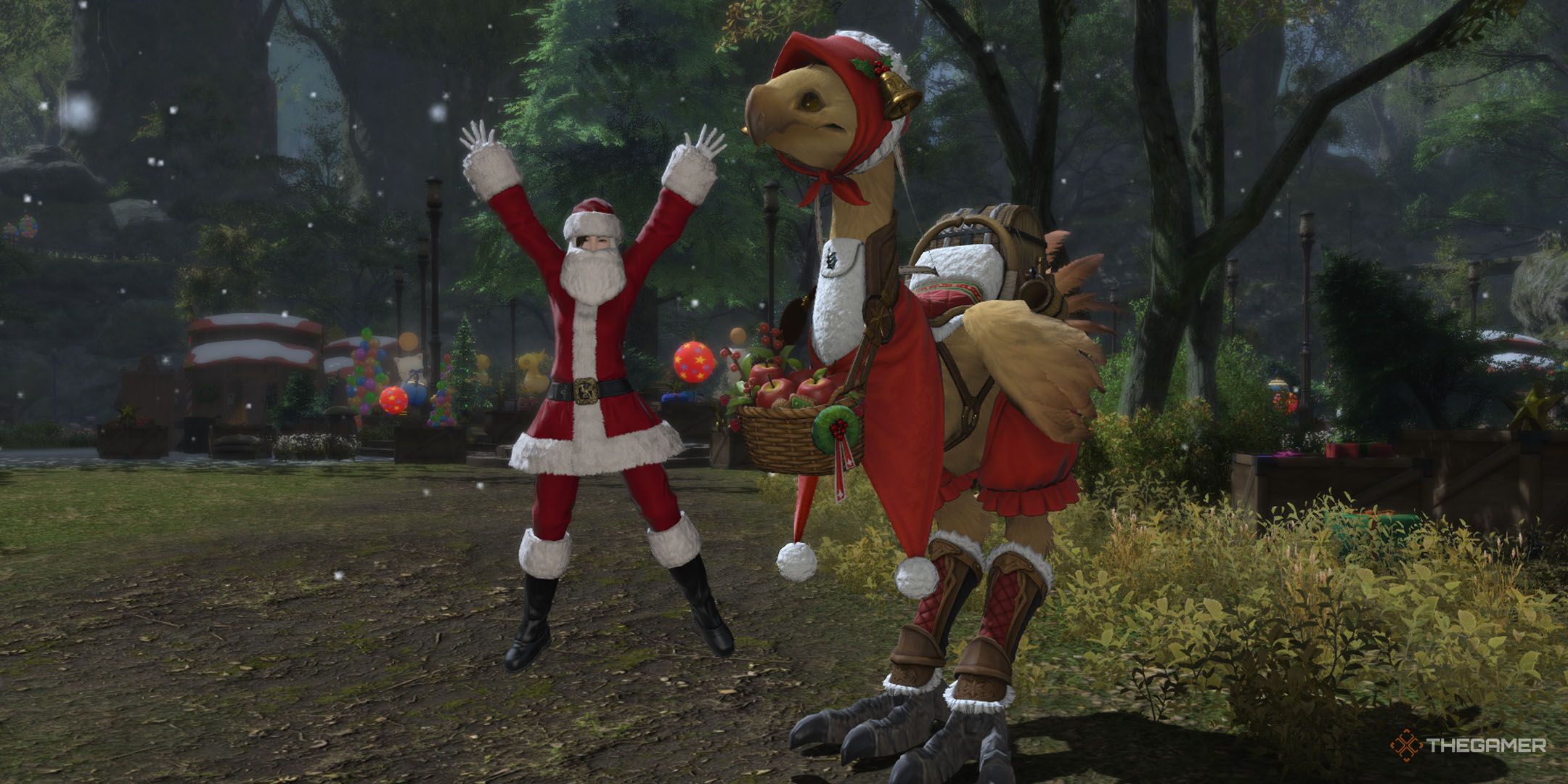 A player jumping beside a chocobo in Final Fantasy 14.