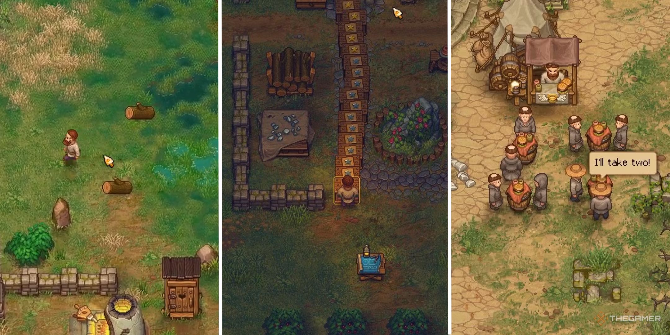 Split image showing three scenes from Graveyard Keeper.