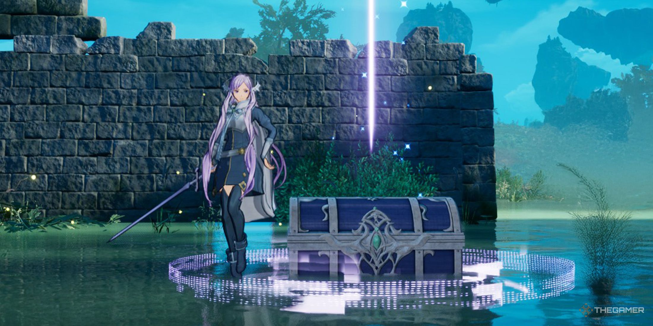 Administrator is standing next to a silver chest in a wetland area in Sword Art Online Fractured Daydream