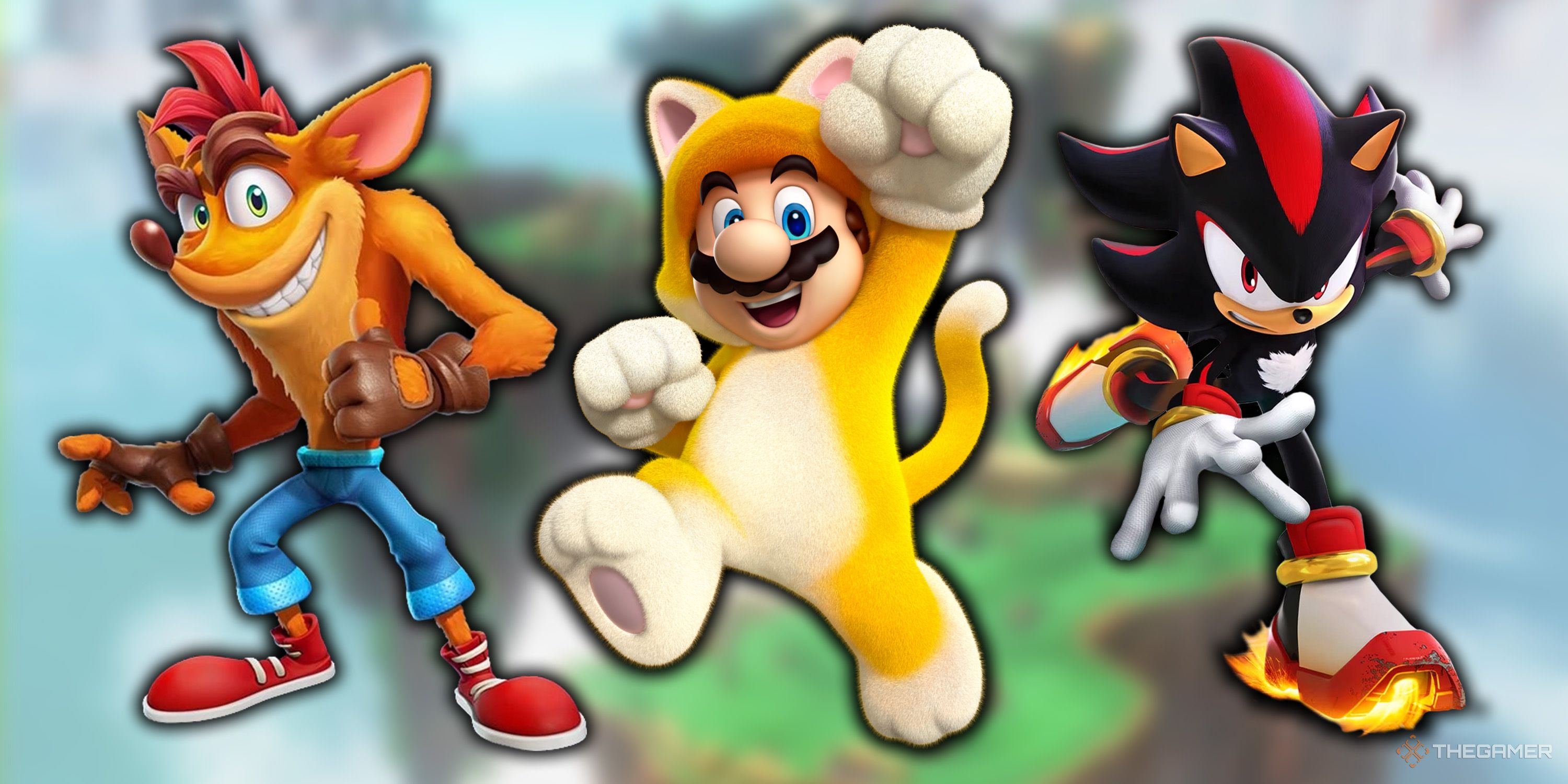 Crash Bandicoot, Cat Mario, and Shadow the Hedgehog standing side by side.