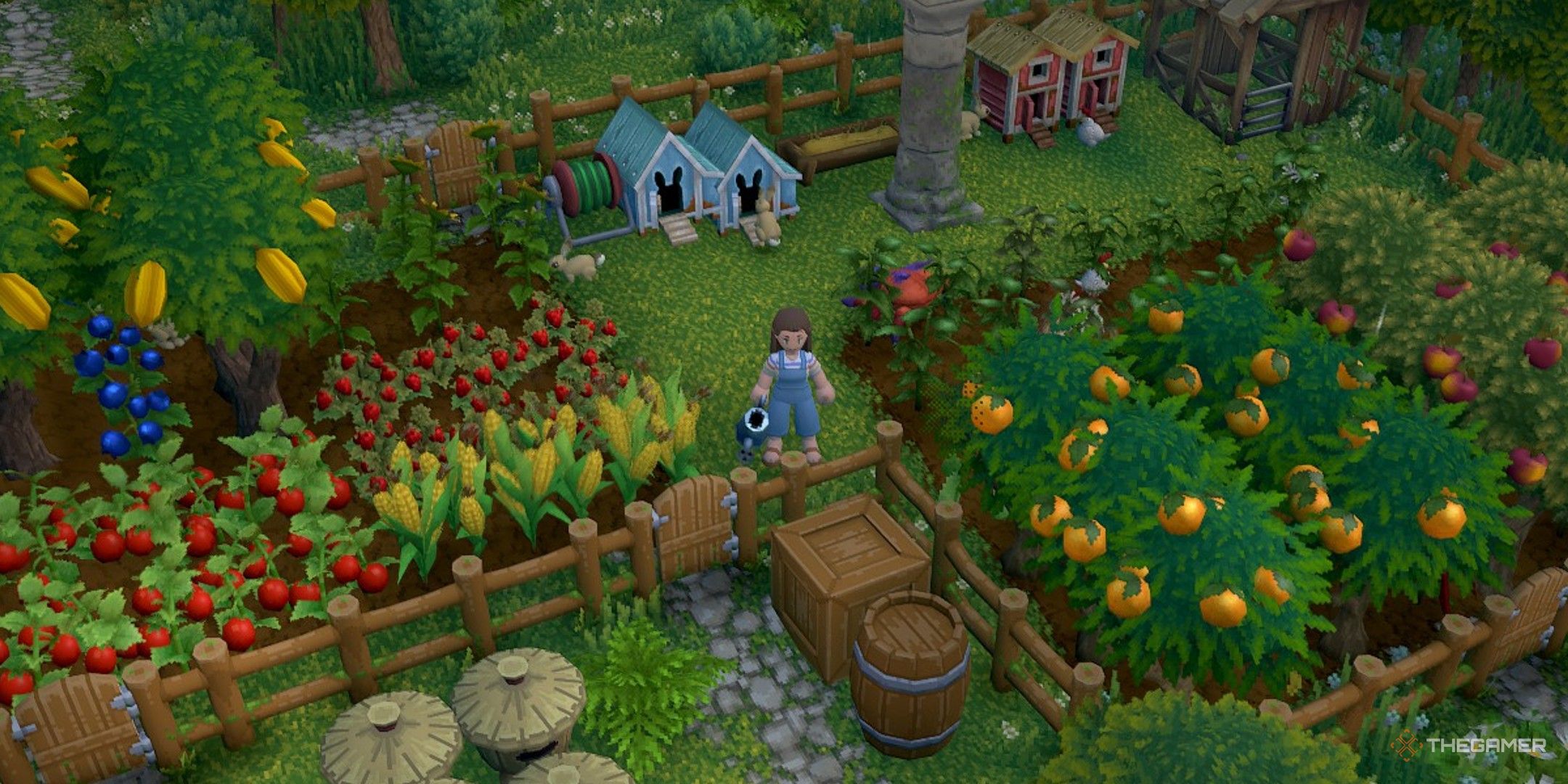 Player character standing in a field of different crops with a watering can while rabbits and chickens roam in Luma Island. 
