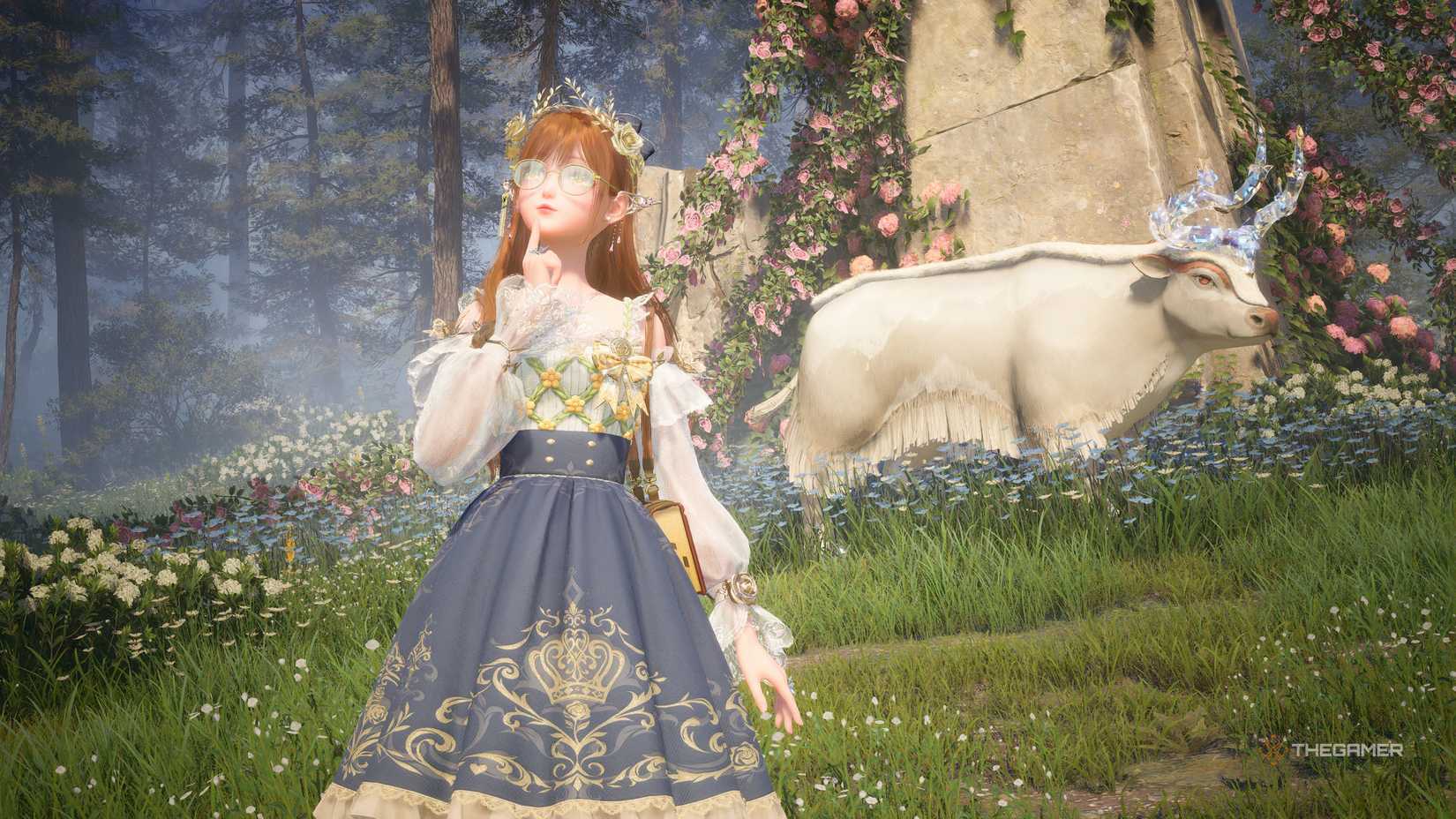 Infinity Nikki Nikki standing by a massive cow in the flowery forest.