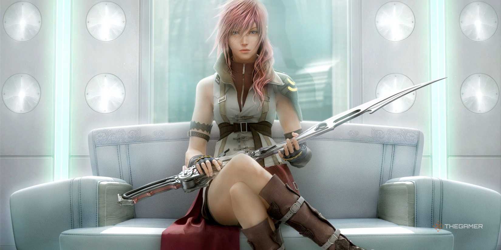 Clare "Flash" Farron sat with his rifle blade across his knee in Final Fantasy 13.