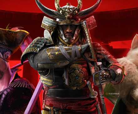 Majima from Pirate Yakuza, Yasuke from Assassin's Creed Shadows, and a Palico from Monster Hunter Wild pose in front of a torii gate.