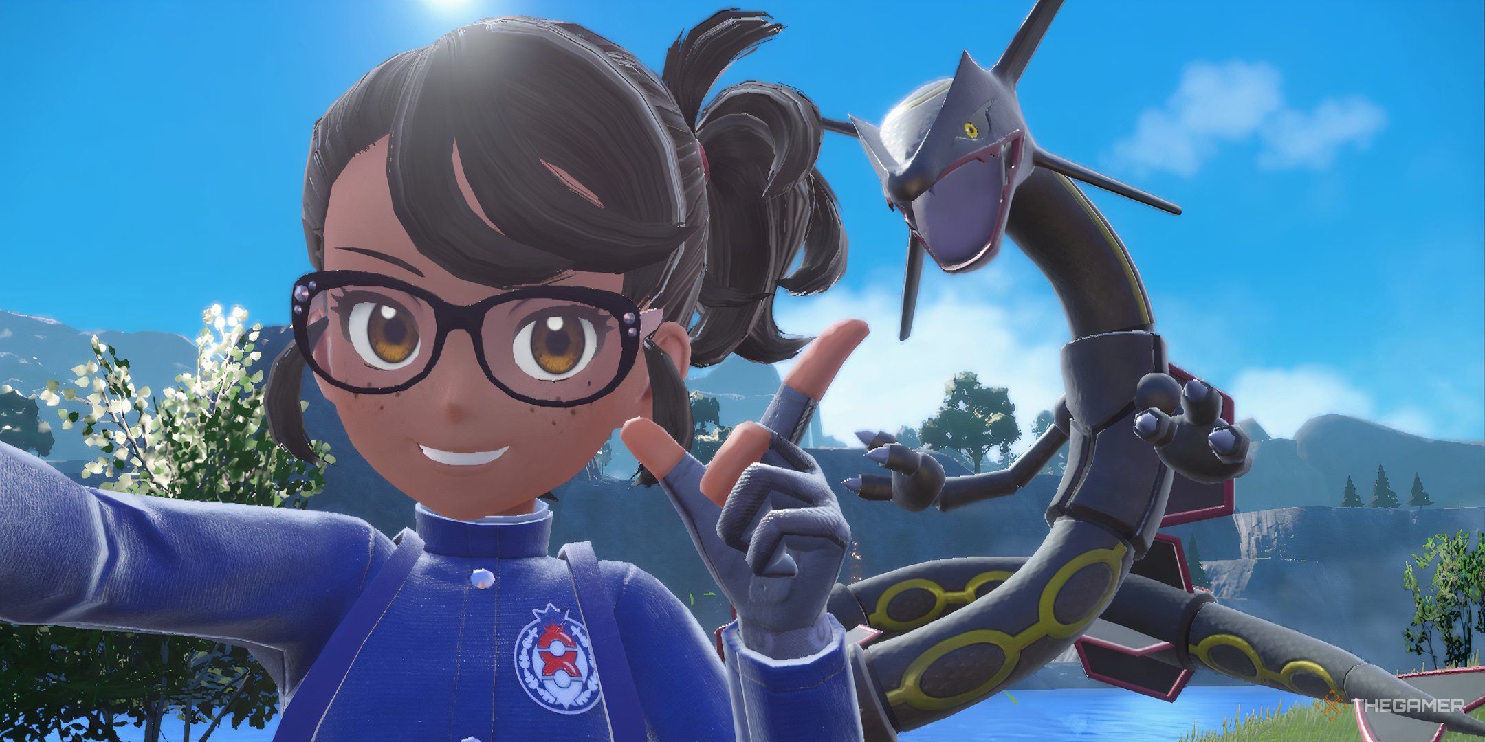 Player poses with Shiny Rayquaza for a selfie in Pokemon Scarlet & Violet.
