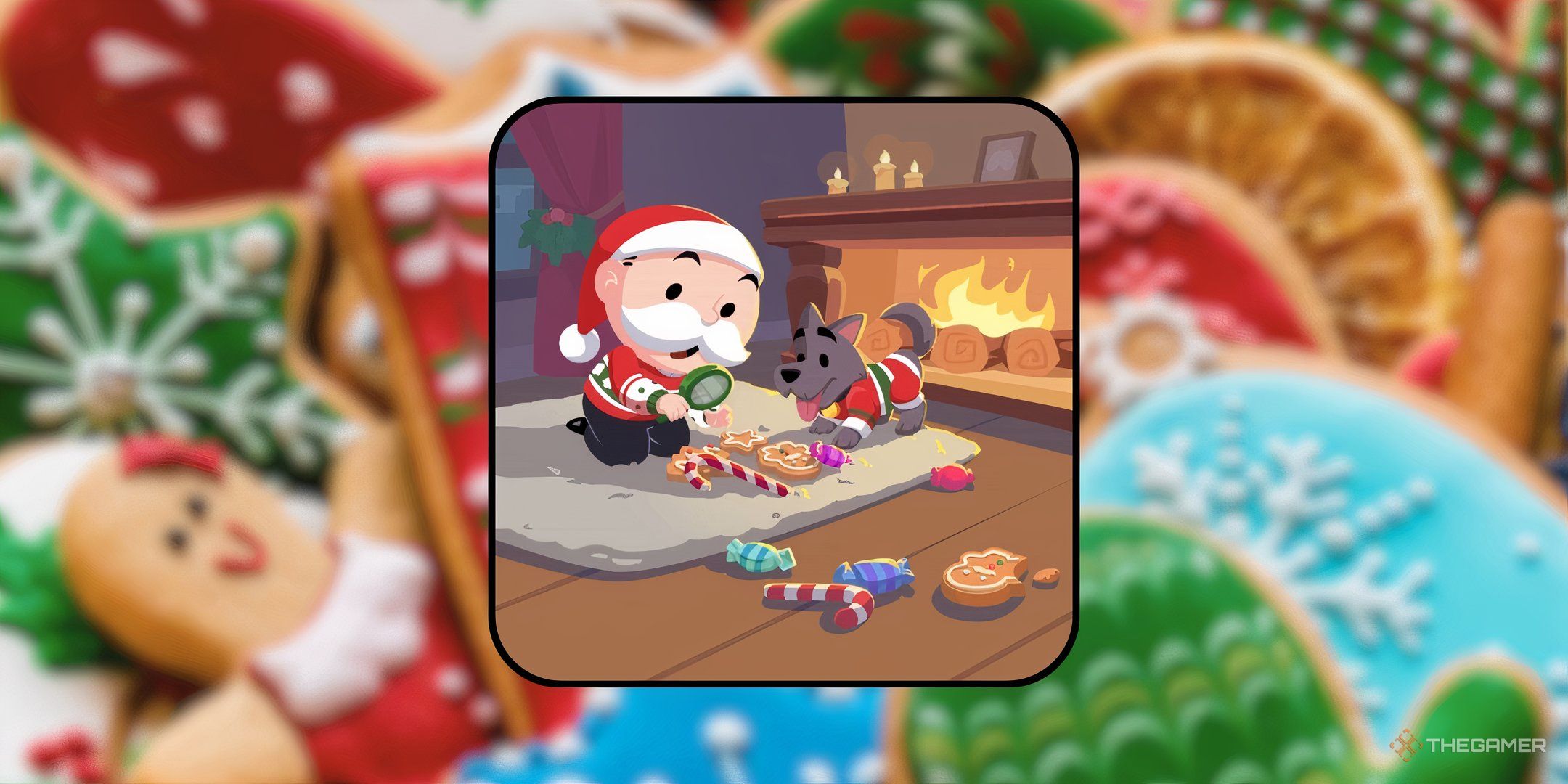 Mr. Monopoly and Scottie having snacks by a fire in front of a Christmas cookie background for the Treat Quest rewards guide in Monopoly Go.