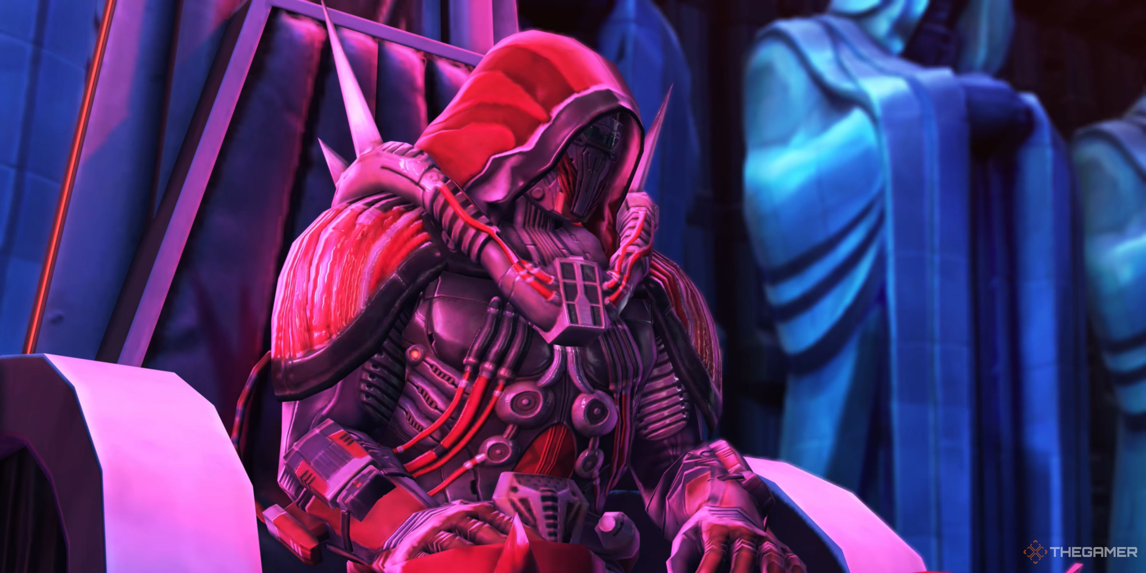 Membro do Conselho Sombrio sentado no trono em Star Wars: The Old Republic