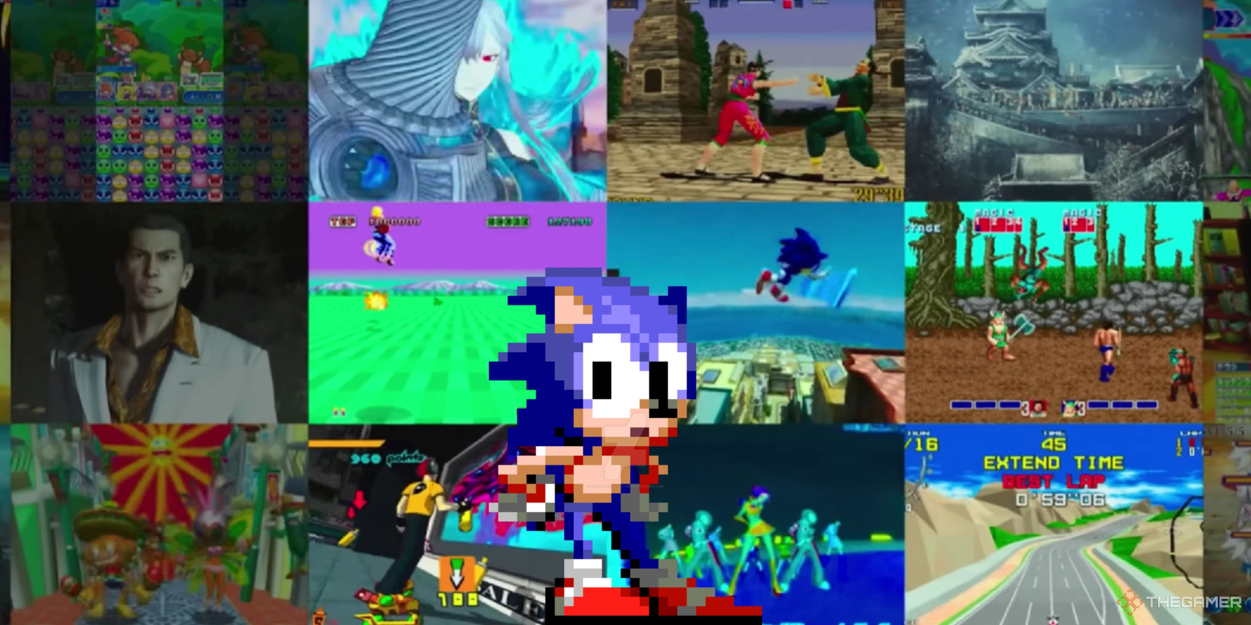 pixel sonic in front of a wall with videos from various sega games.