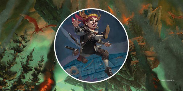 A gnome falling from a building placed on a background of floating earth falling to the ground in Dungeons & Dragons.