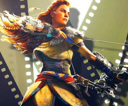 Aloy from Horizon surrounded by strips of film.