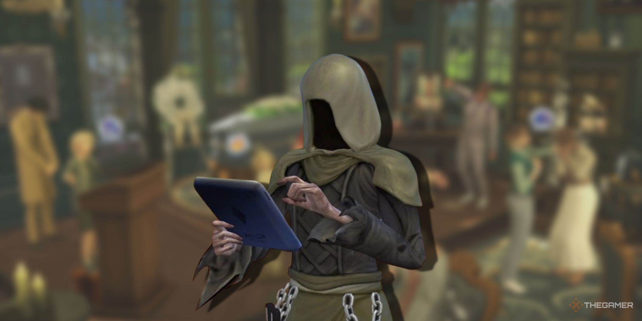 A blurry background showing promo art from The Sims 4 Life and Death with the Grim Reaper on a tablet overlaid on it.