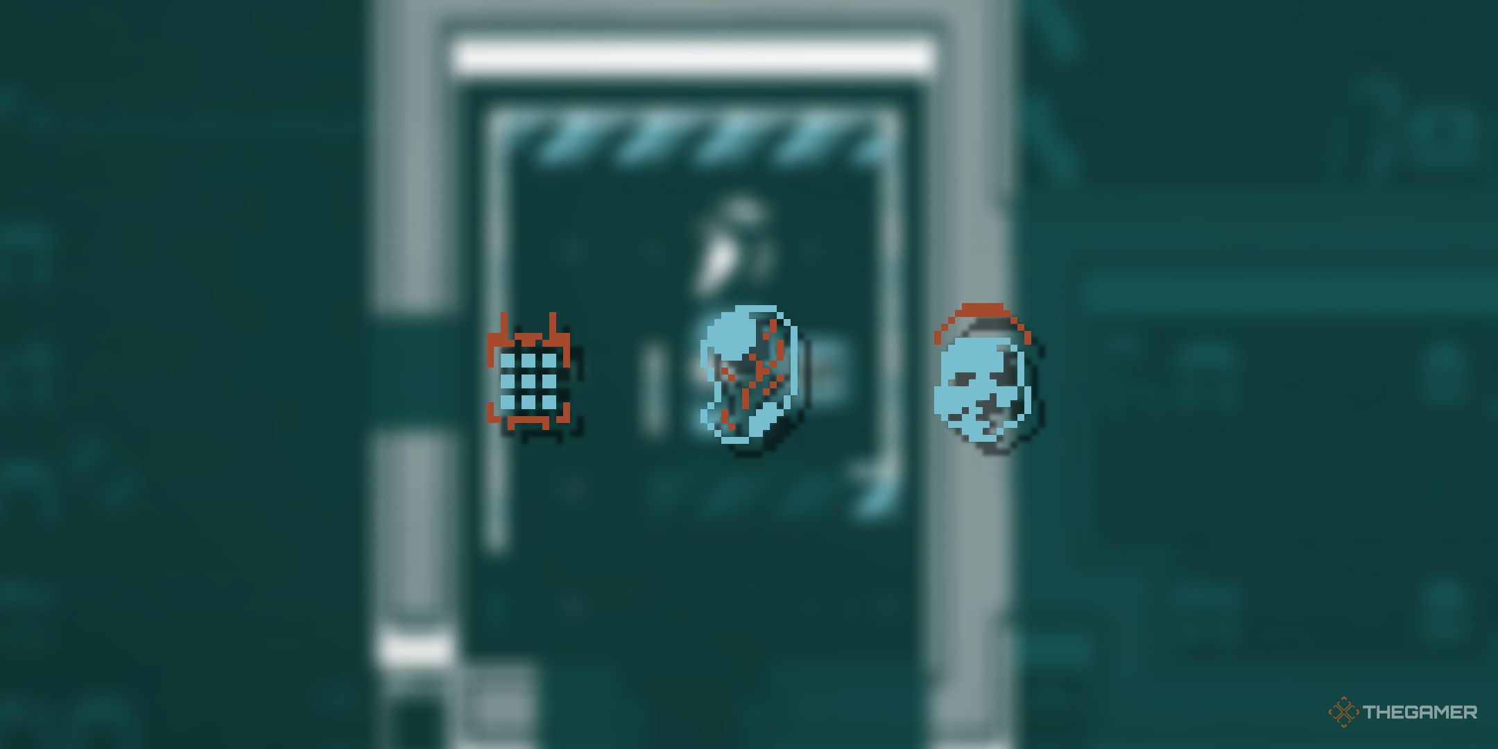 A blurry Caves of Qud background with 3 PNGs of different cybernetics.