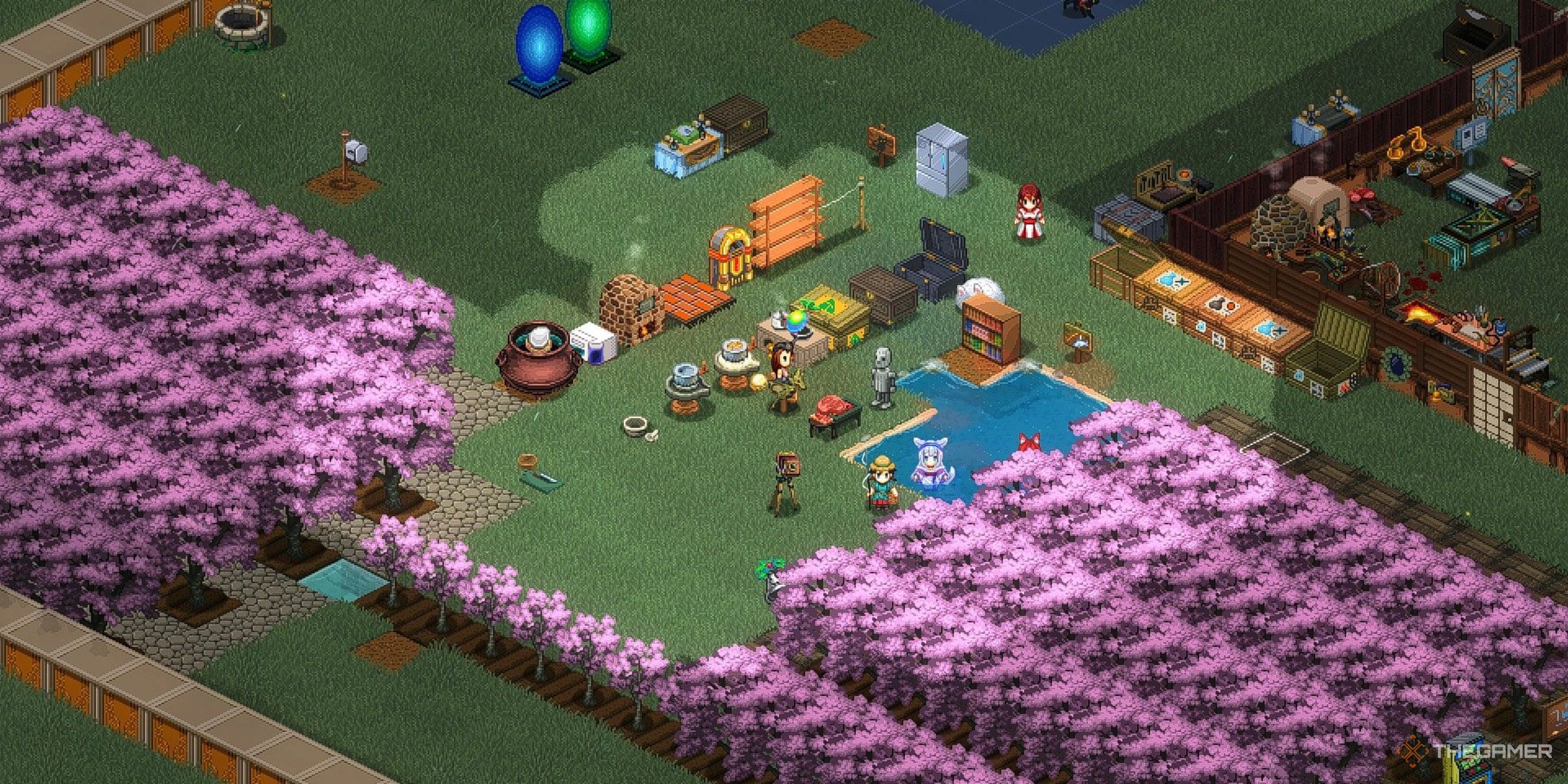 A player in Elin mans an assortment of cooking stations next to a garden of cherry trees.