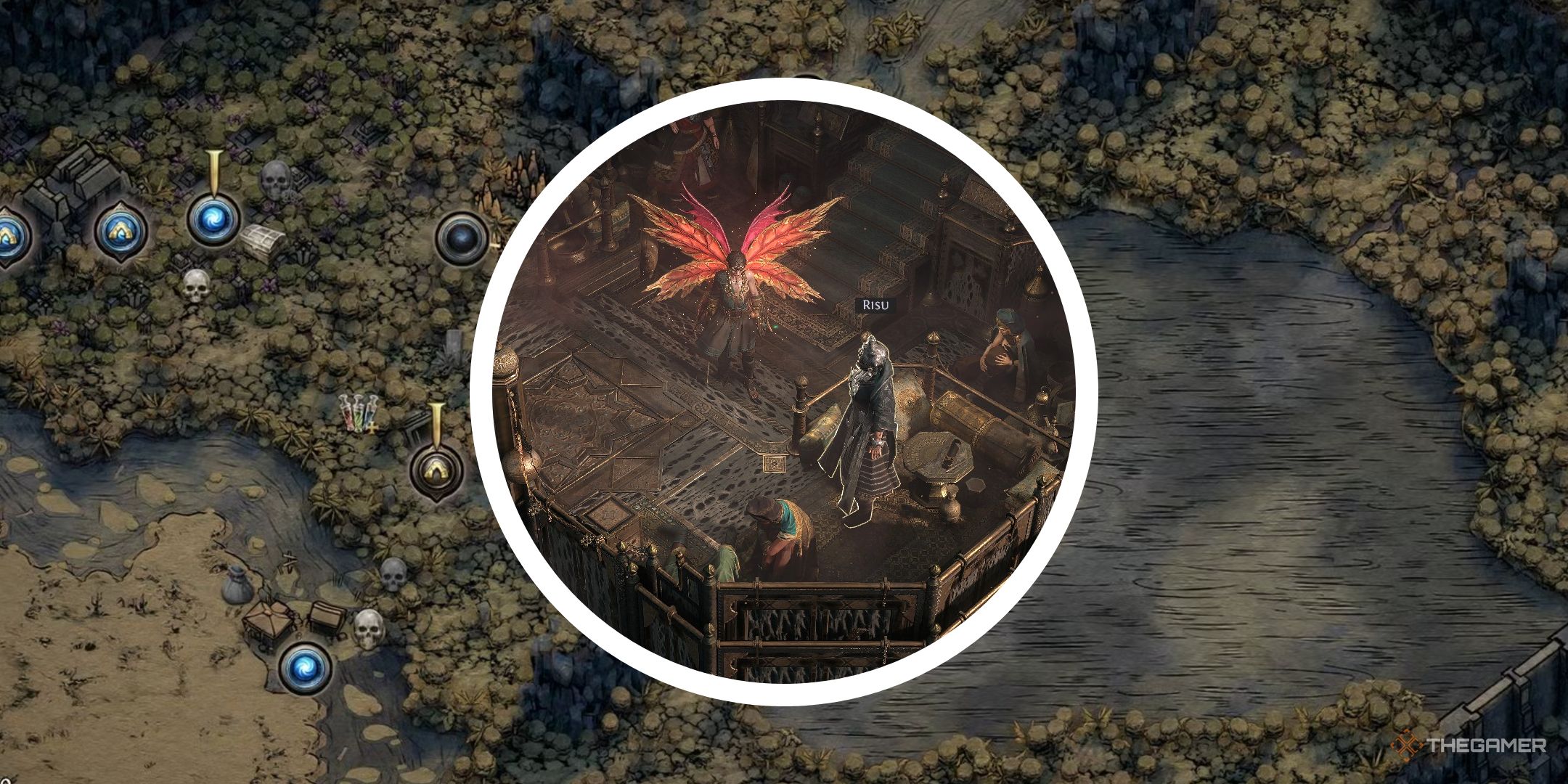 An image of act three map in Path of Exile with a circle PNG showing a player talking to Risu in Path of Exile 2.