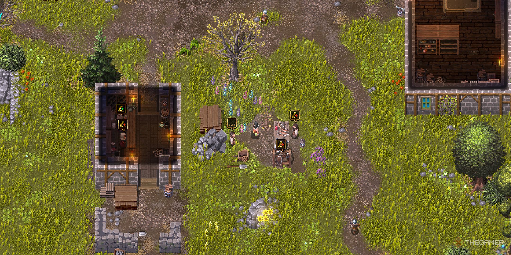 A Warlock standing near the blacksmith's area in town in Heroes of Hammerwatch 2.