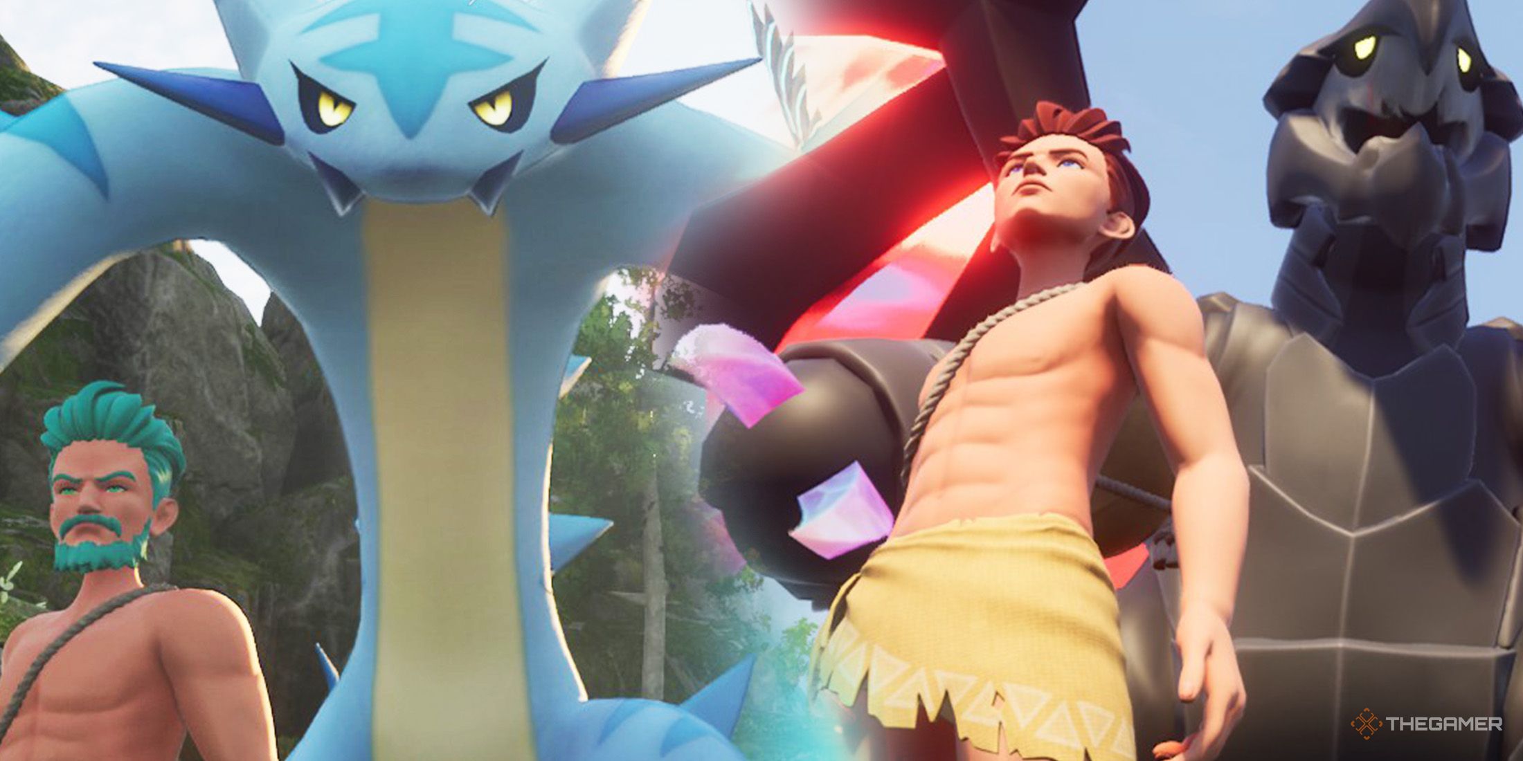     The new player stands in Palworld next to Cryolinx on the left and next to Astegon on the right