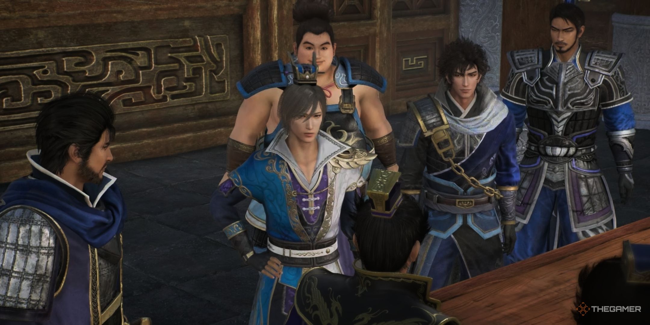 Cao Cao's retainers in Dynasty Warriors: Origins - from left to right, Xiahou Dun, Guo Jia, Xu Zhu, Li Dian, and Yu Jin.