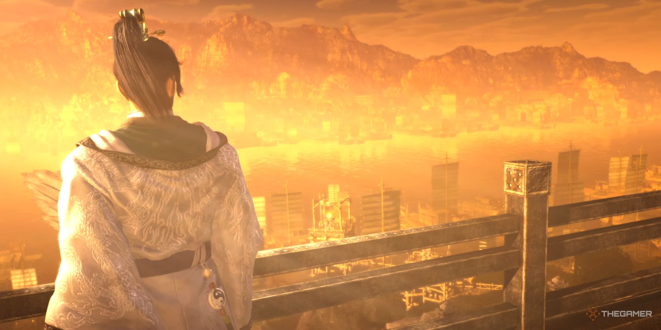 a rear view of zhuge liang surveying the yangtze river before the battle of chibi in dynasty warriors: origins.