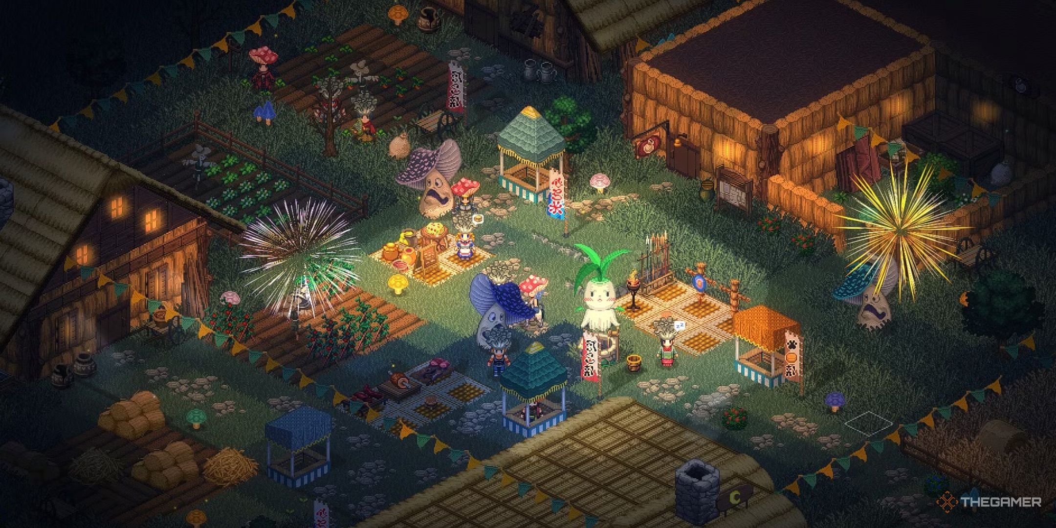 Elin's festival of Kumiromi celebrated with figures of plant creatures and fireworks.