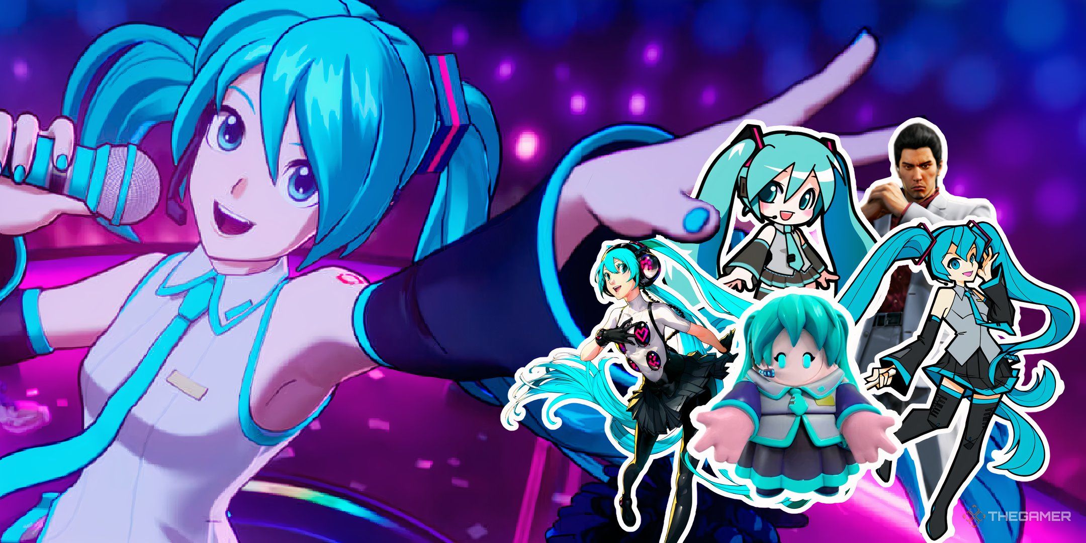 Hatsune Miku In Fortnite Festival Promotional Art Presenting Four Other Mikus From Persona 4: Dancing All Night, Fall Guys, Taiko No Tatsujin, And Crypt Of The NecroDancer With Kazuma Kiryu From Yakuza/Like A Dragon.