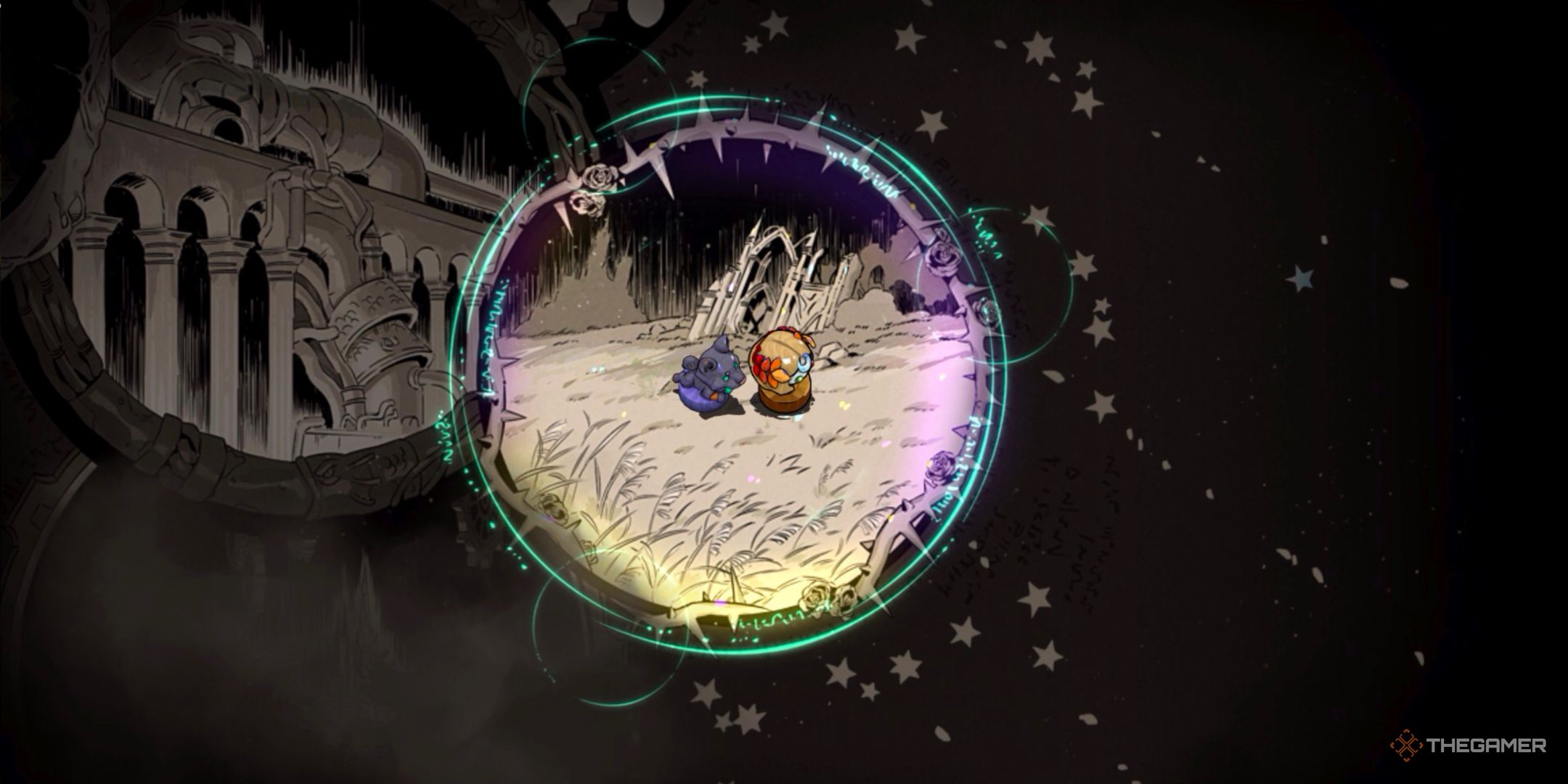 Melinoë and Hecuba entering the Fields of Mourning in the region loading screen.