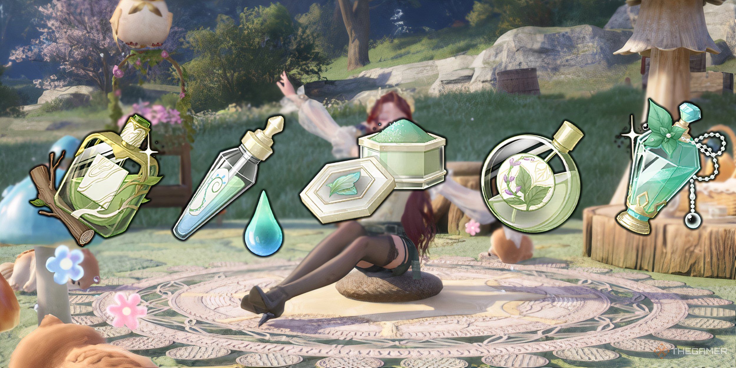 Collage whim fragrances over Nikki on a picnic blanket.