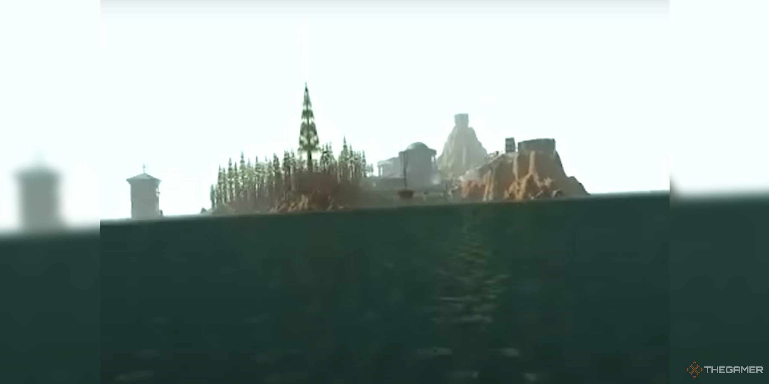 A foggy island sits in the middle of a large sea in mystery.