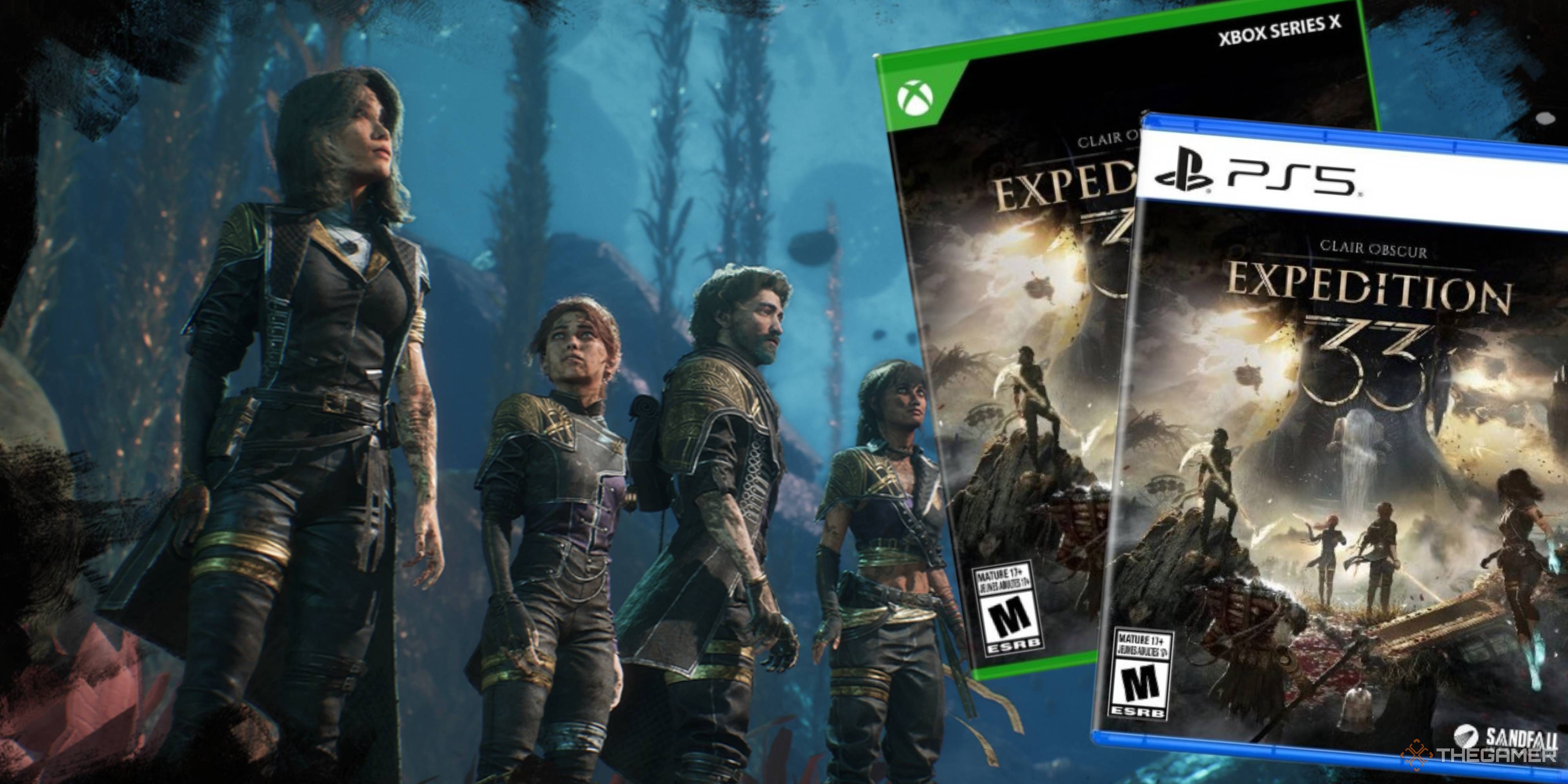 core cast of clair obscur expedition 33 next to xbox and ps5 copies of the game.