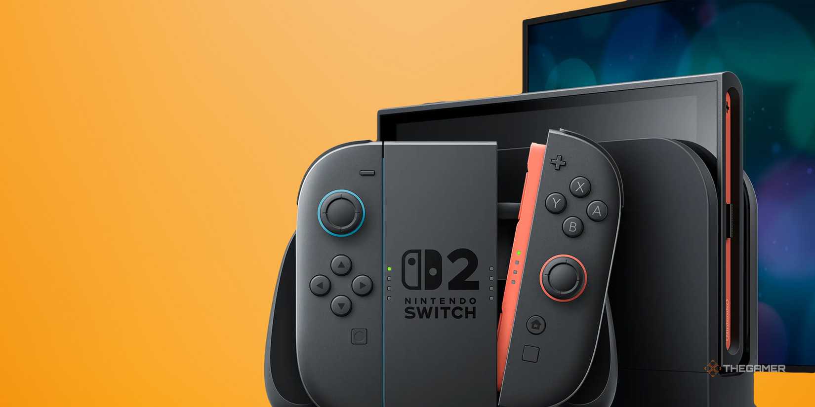 News switch 2 Joy-Cons attached to form a controller in front of a docked console.