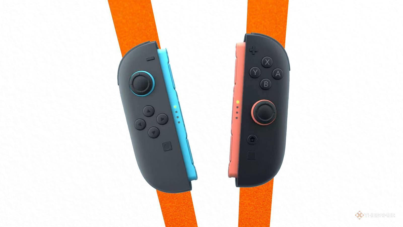 NEWS Switch 2 joy-cons over an orange background.