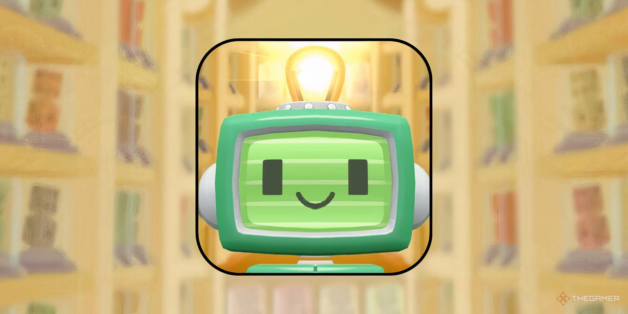 Peg-E smiling in front of a blurred background of the Peg-E Deluxe Drop event in Monopoly Go.