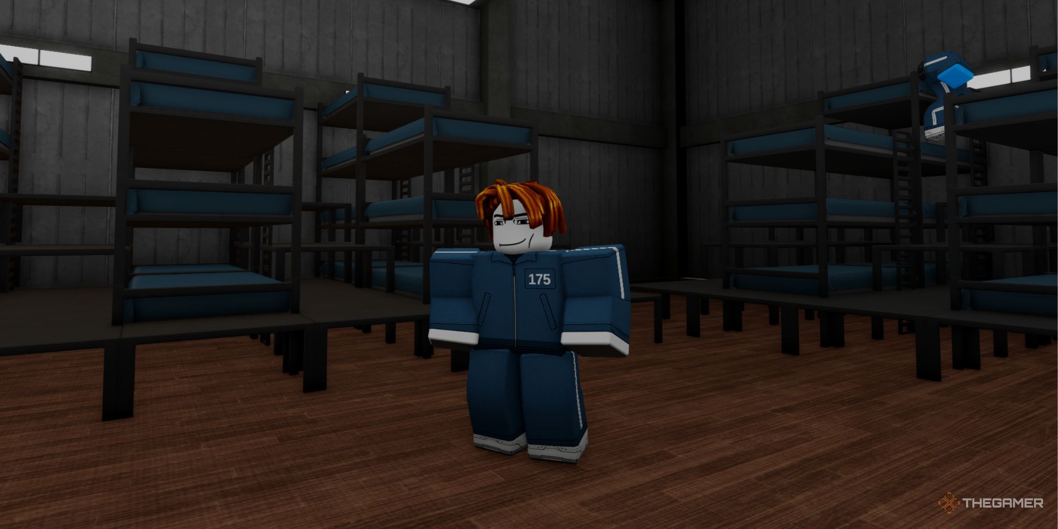 The player character stays in the lobby room beside the beds while smiling in Shrimp Game.