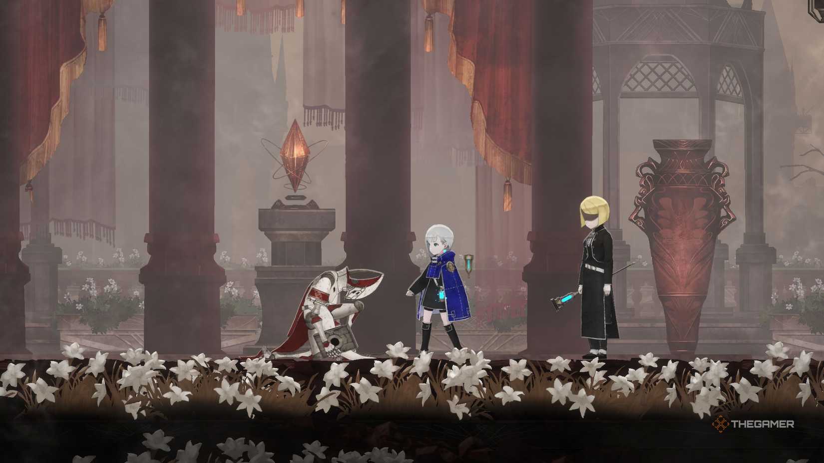 Main character is standing in front of Professor Eliza, who is on one knee.