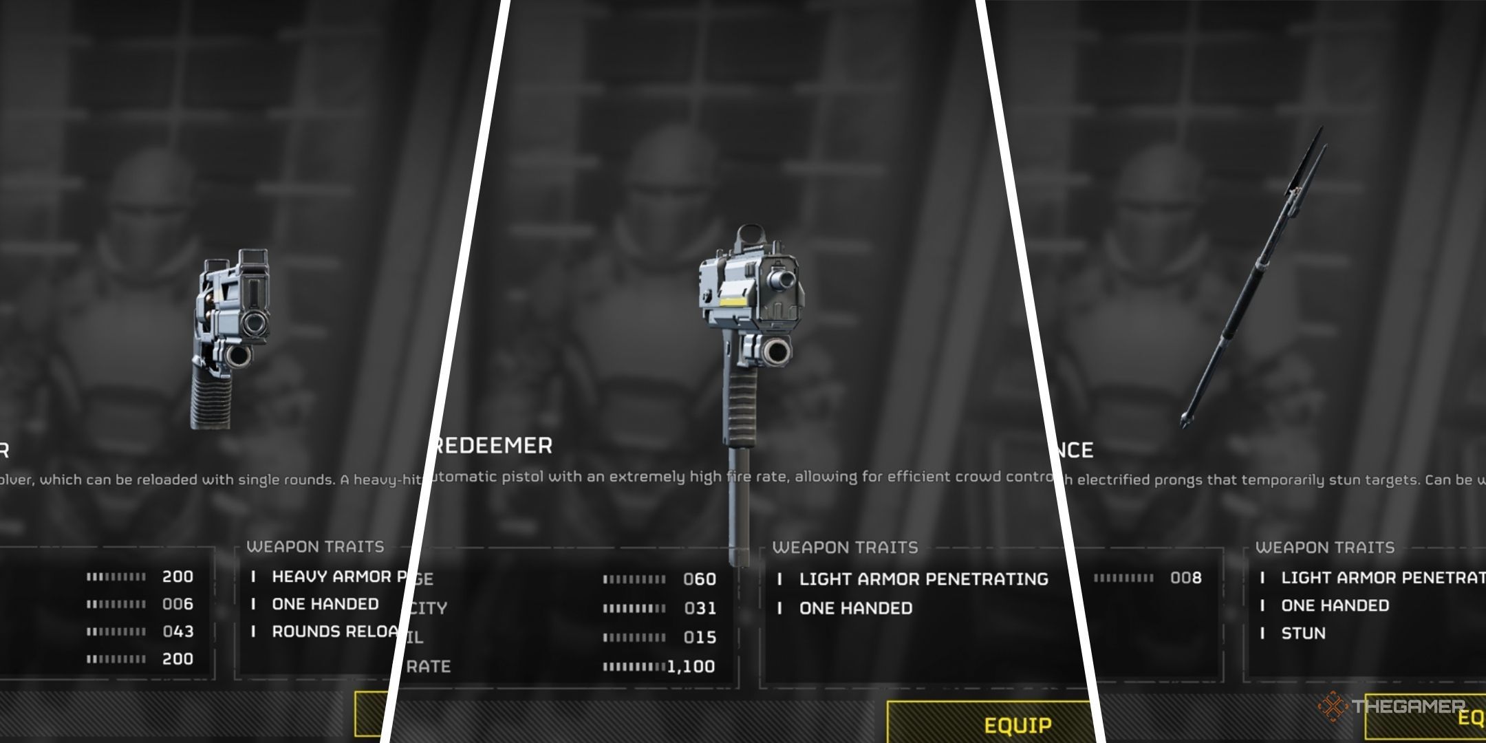 A tri-split image of the Verdict, Redeemer, and Stun Lance in Helldivers 2.