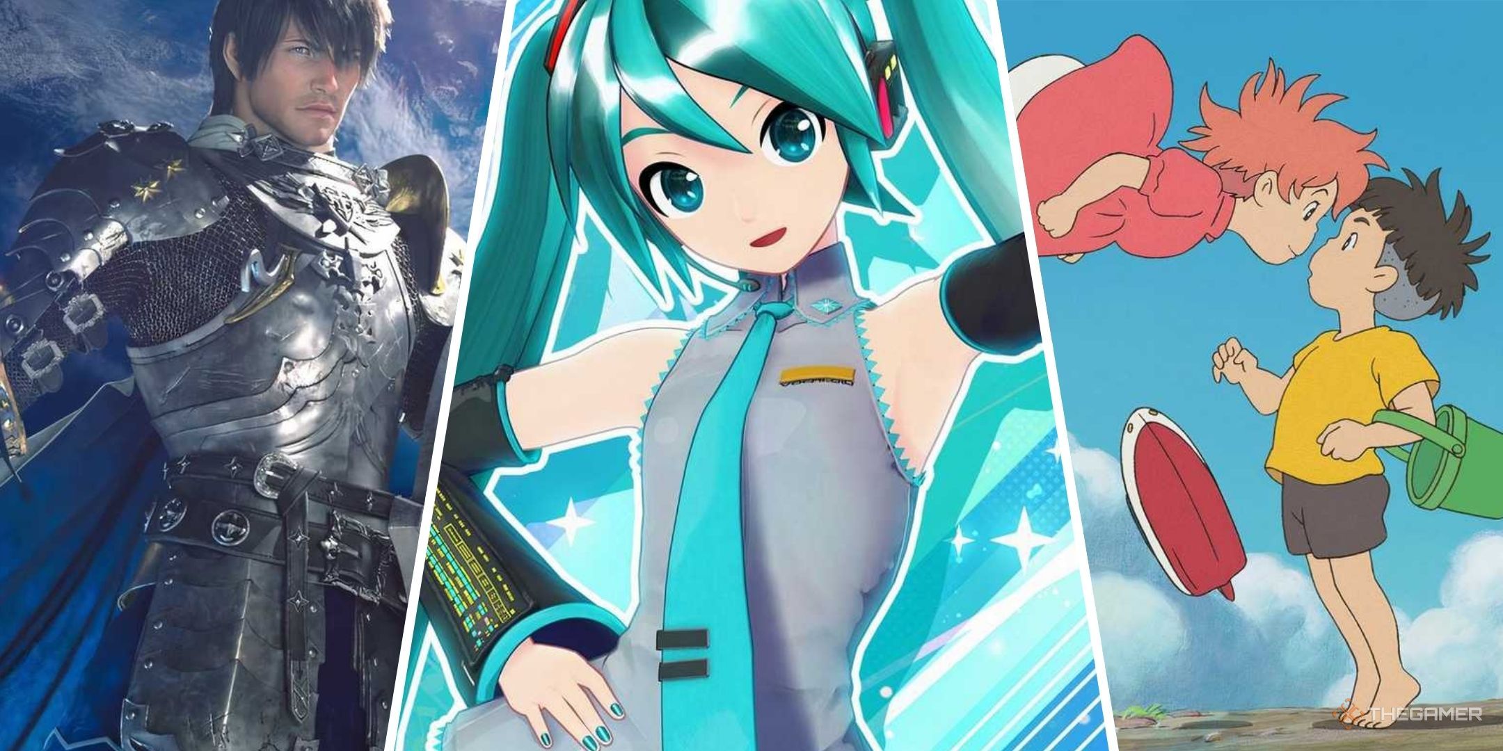 Split images of Final Fantasy 14, Hatsune Miku, and Ponyo.