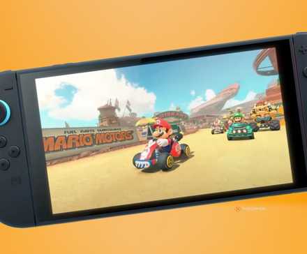 Switch 2 playing Mario Kart over an orange background.-1
