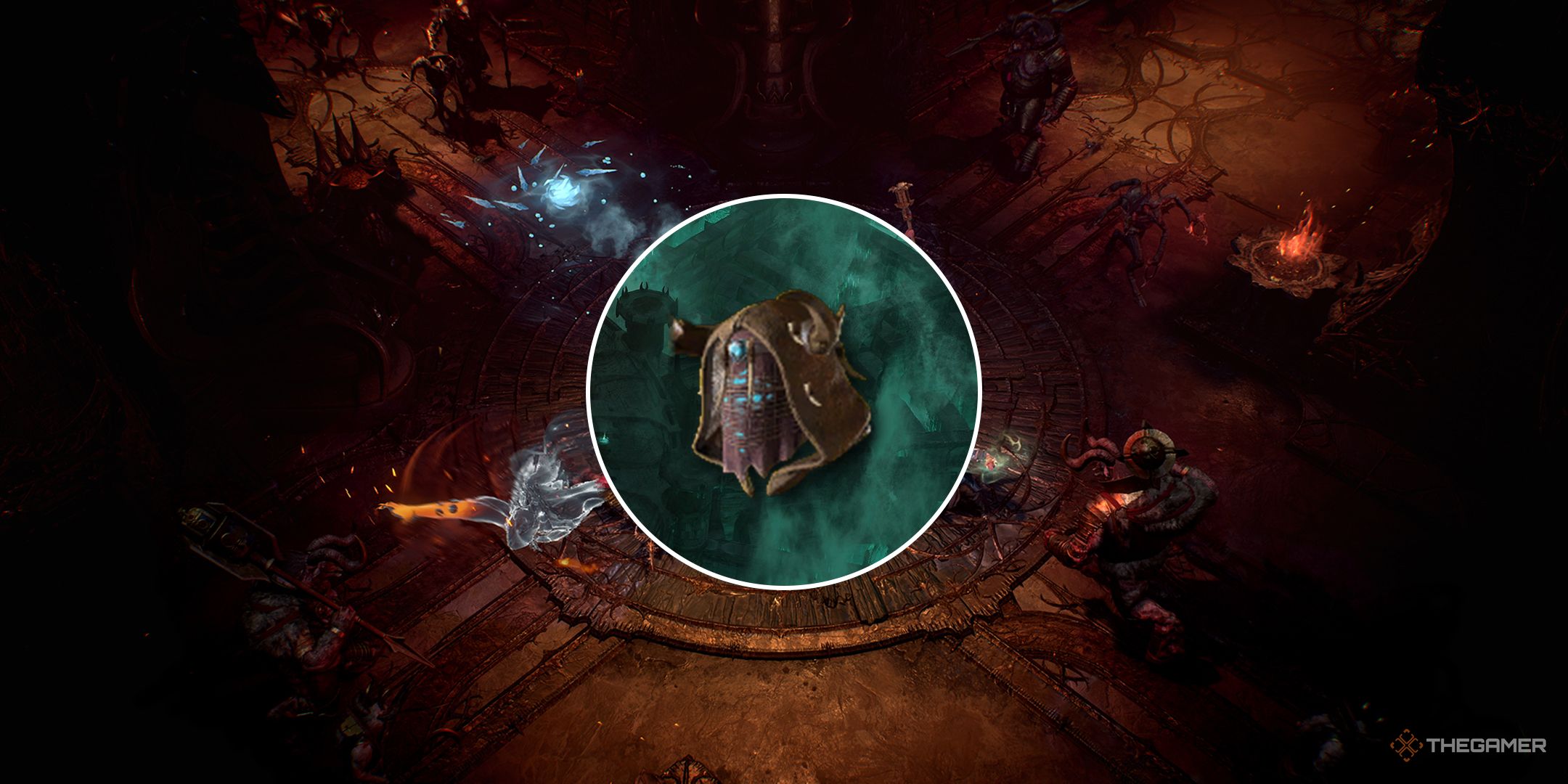 The icon for the Tempest Roar helmet in front of a background of players fighting monsters in Diablo 4.