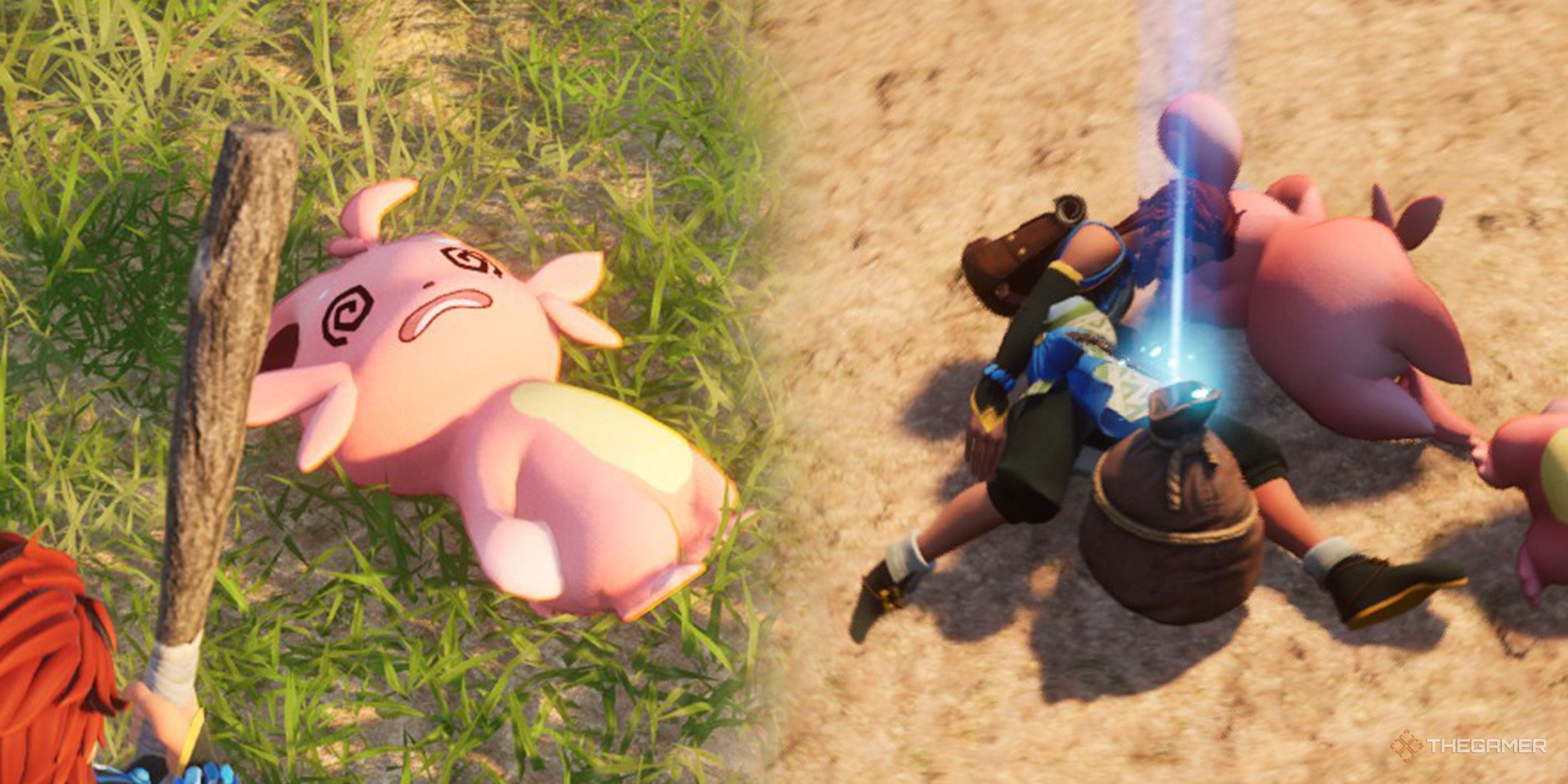 In Palworld, there is a dead Cattiva on the left and a dead player's body on the right