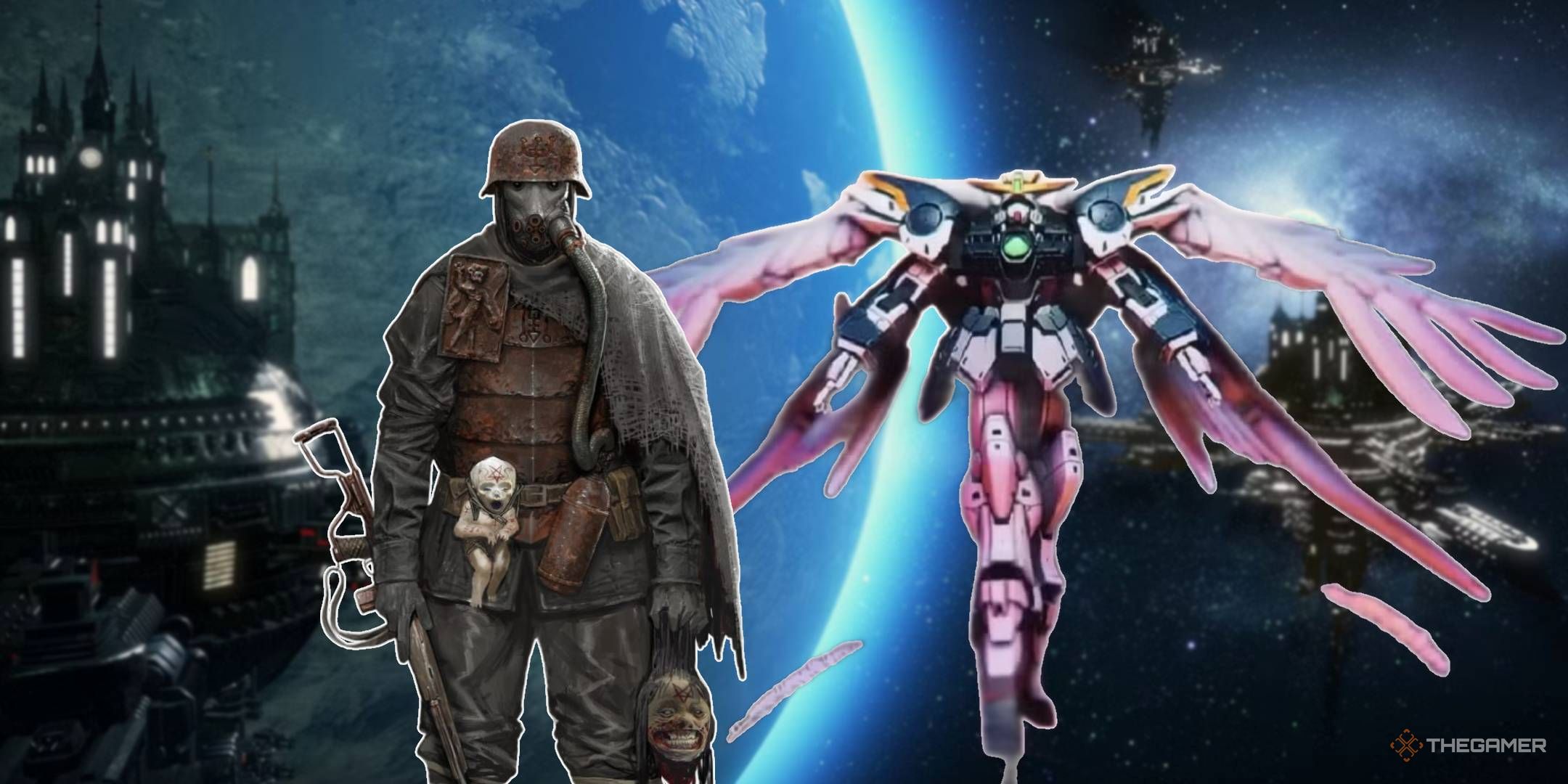 Trench Crusade soldiers and Gundam mechs in front of a planet in space